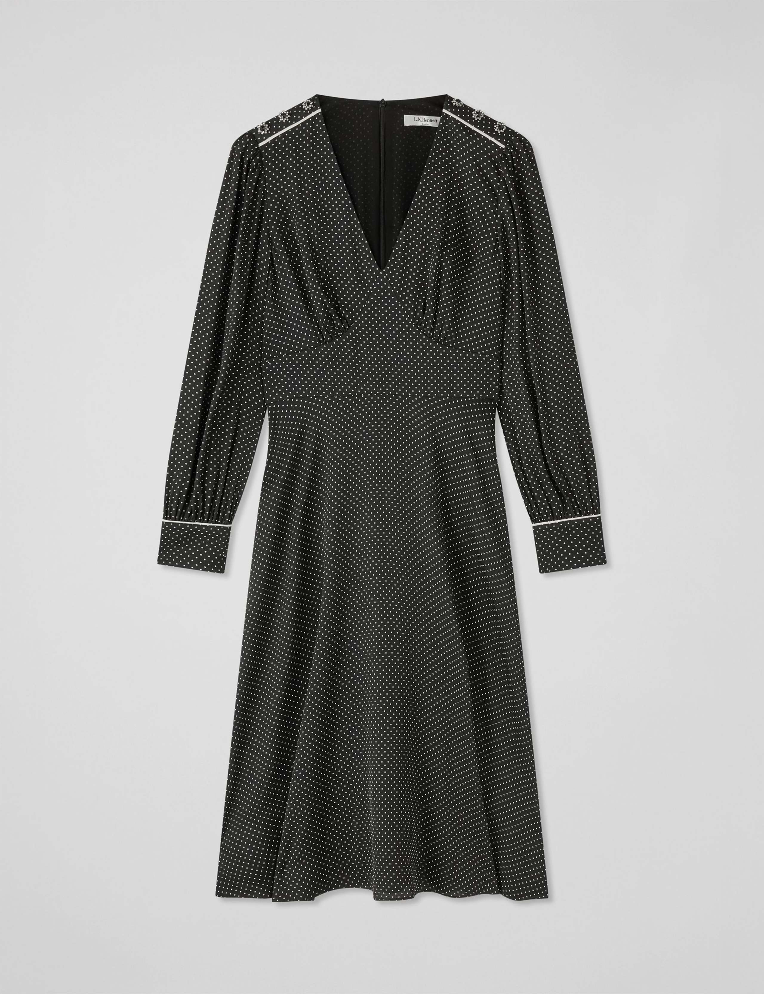 Crepe Spot Print V-Neck Waisted Dress 2 of 4