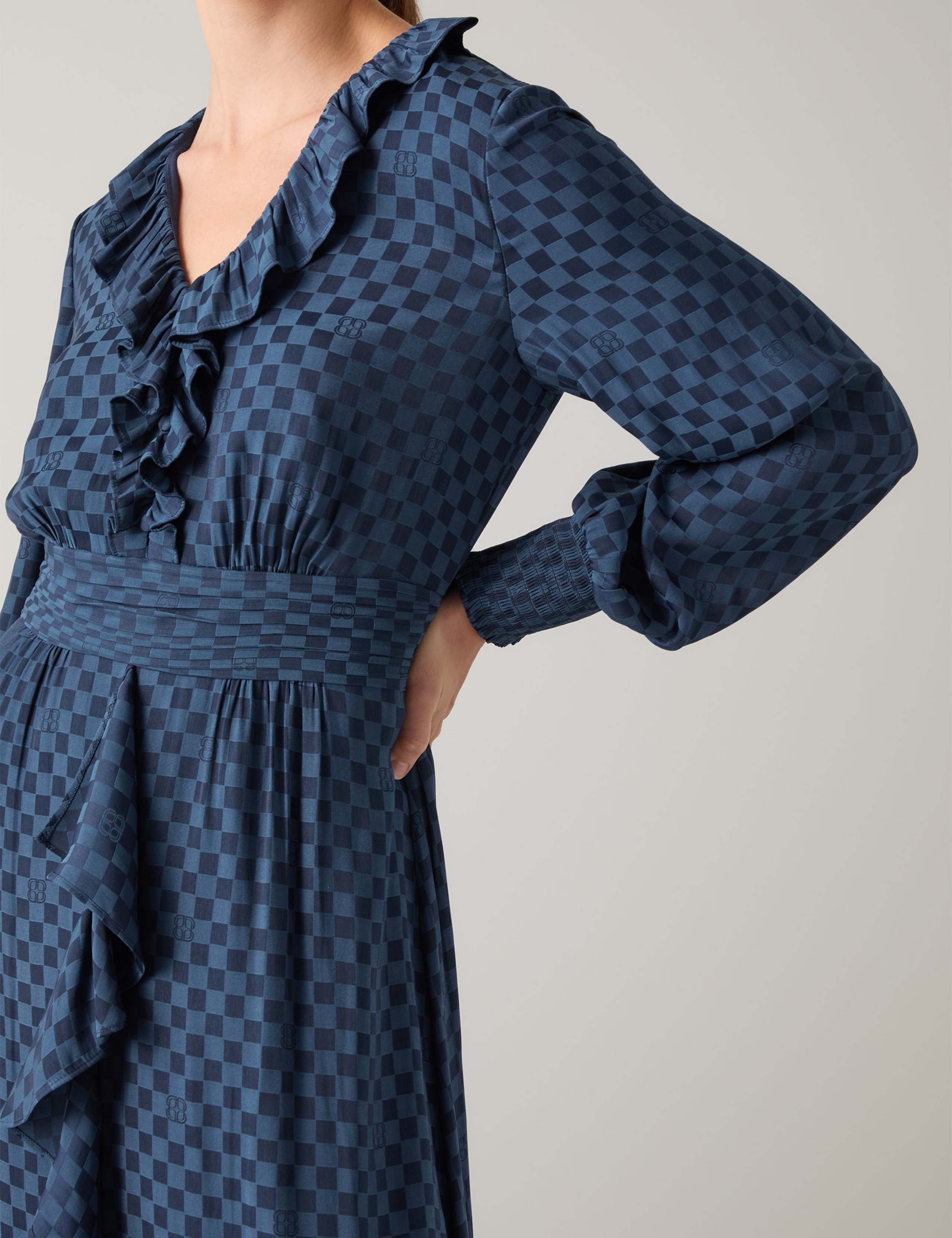 Checkerboard Print Ruffle Midi Skater Dress 4 of 5