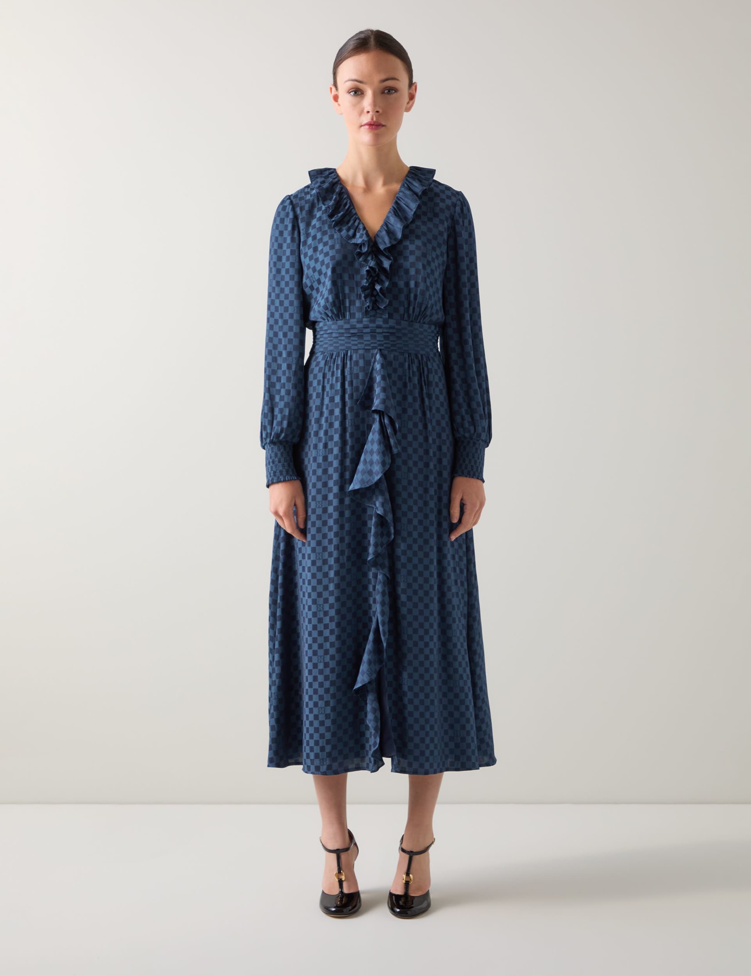 Checkerboard Print Ruffle Midi Skater Dress 5 of 5