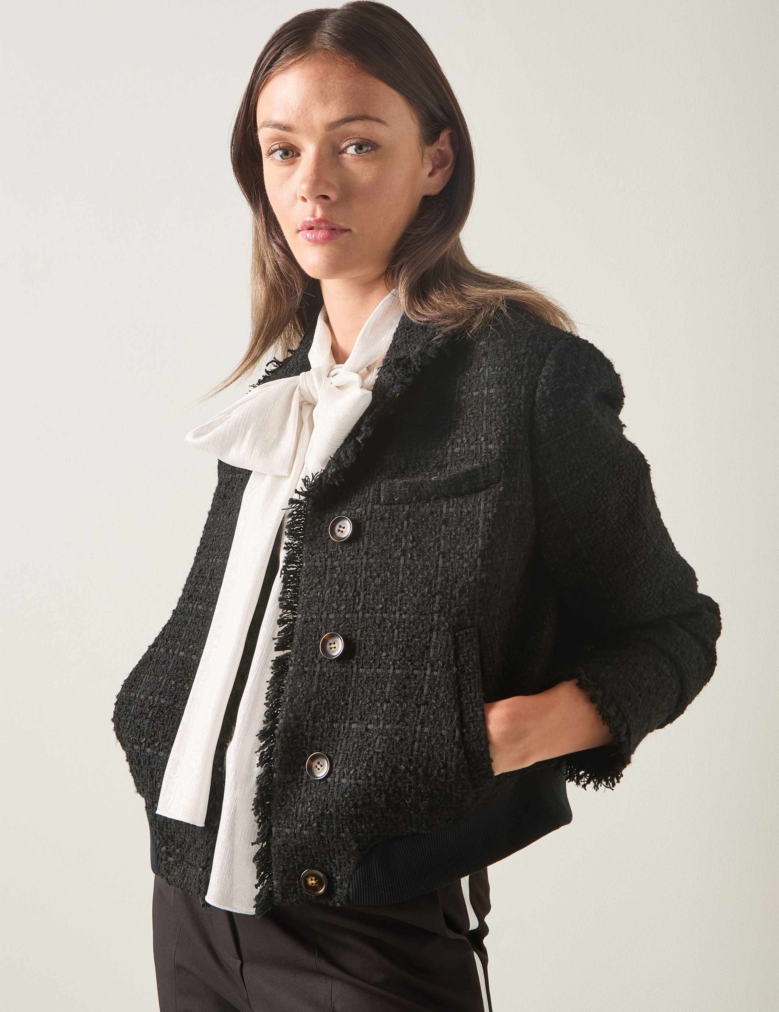 Cotton Blend Tweed Checked Cropped Bomber Jacket 1 of 3