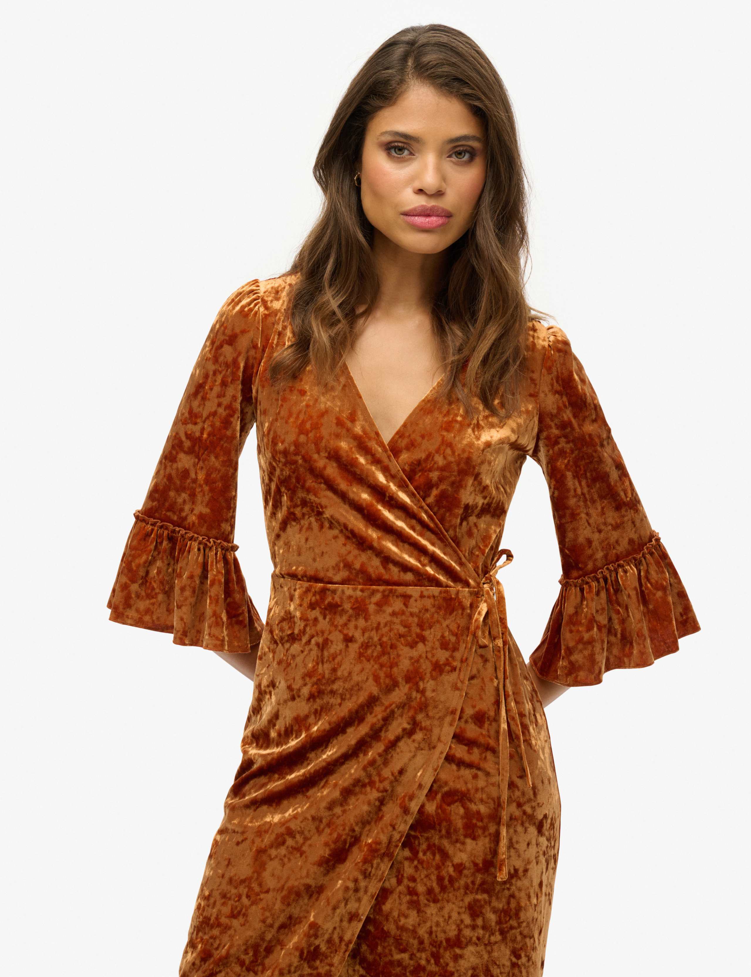 Velvet Textured V-Neck Midi Wrap Dress 4 of 6