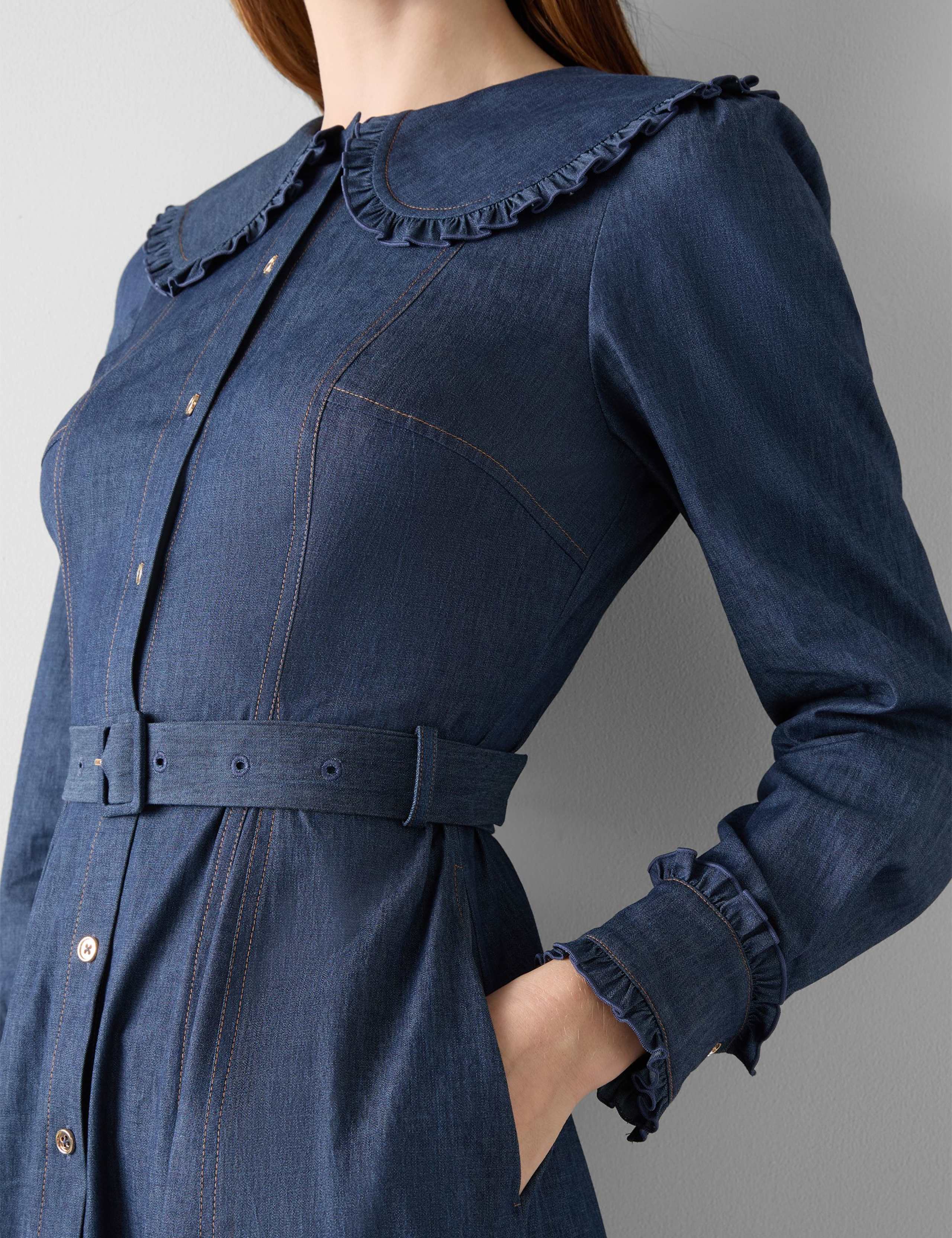 Denim Collared Belted Midi Shirt Dress 4 of 4