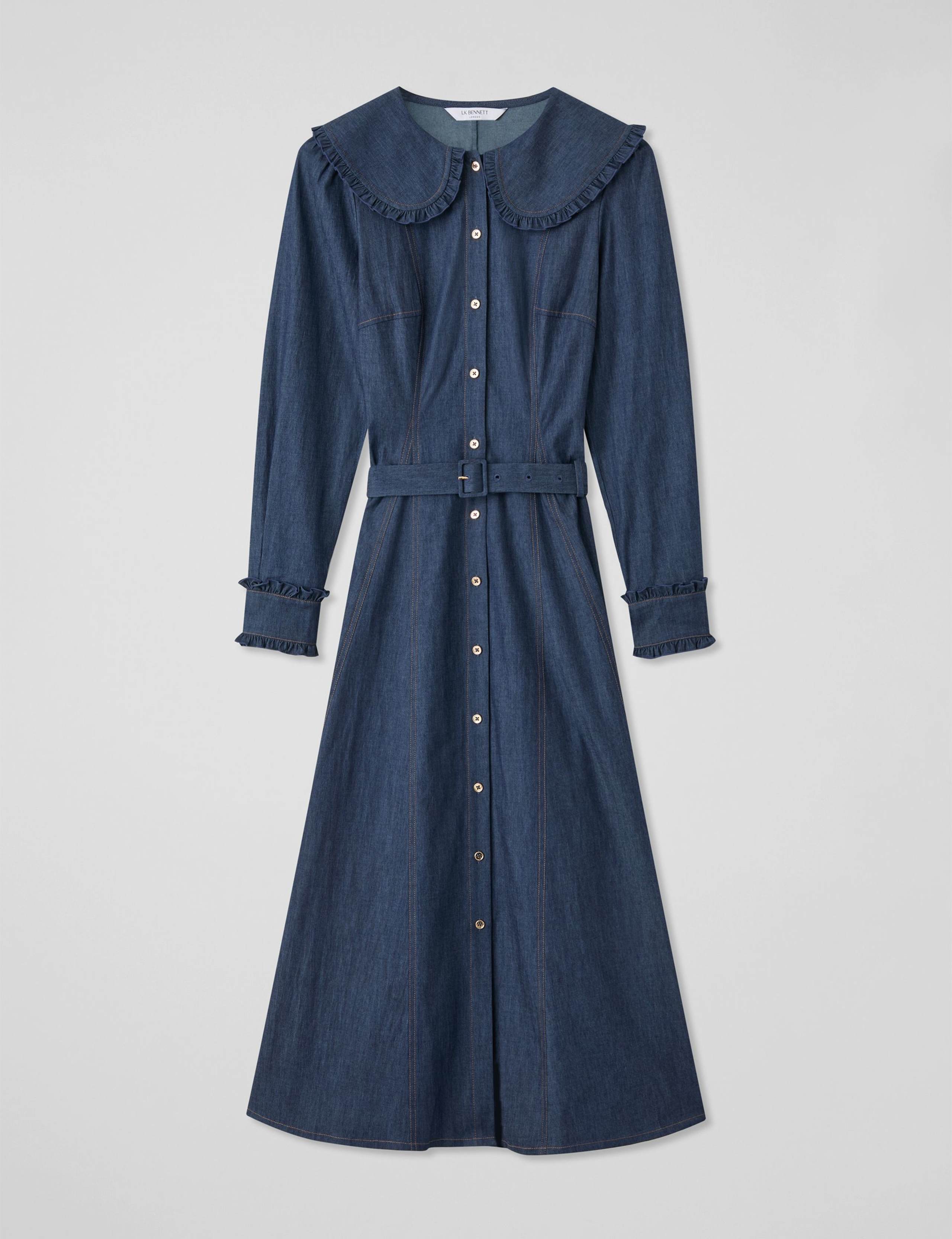 Denim Collared Belted Midi Shirt Dress 2 of 4