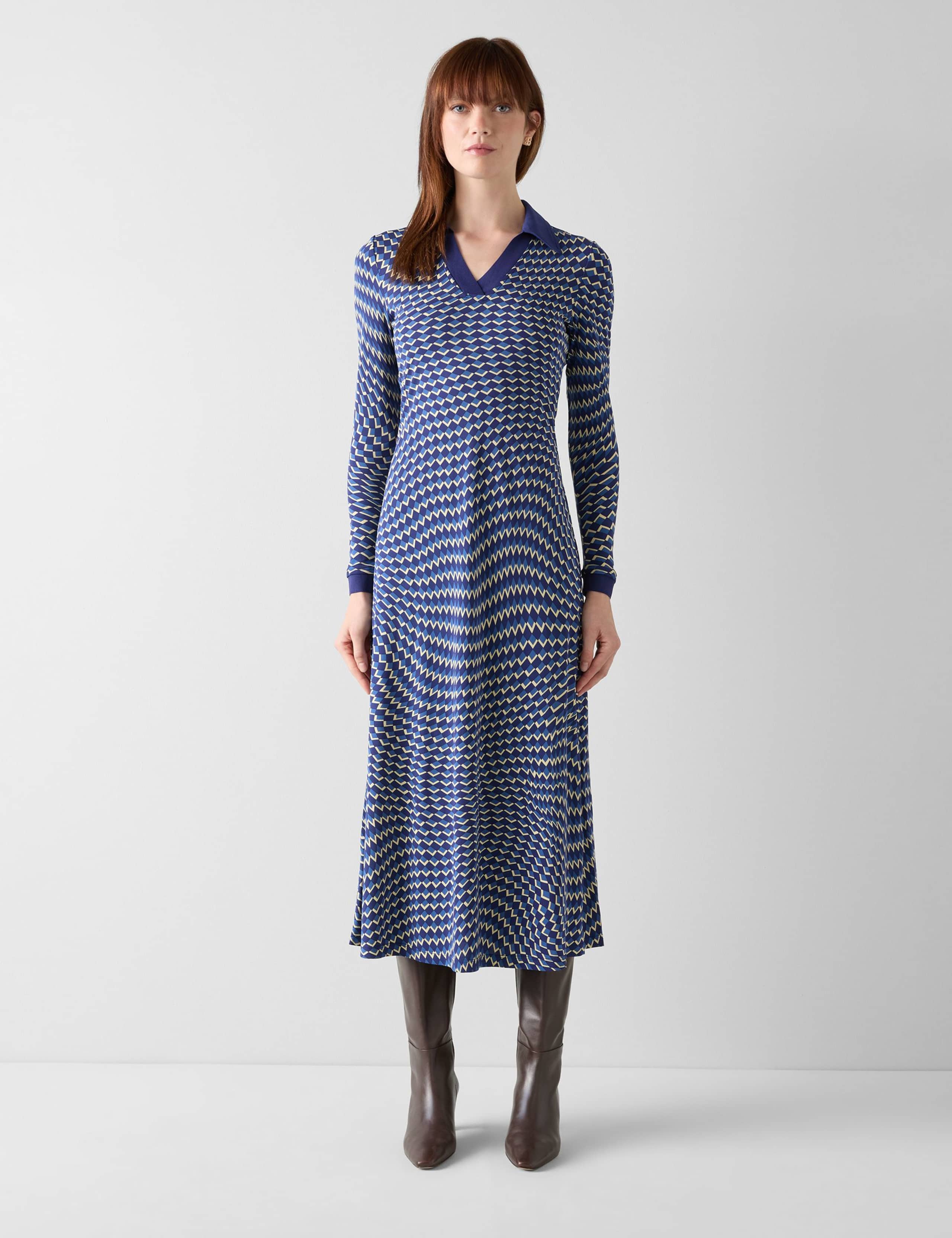 Jersey Geometric Collared Midi Skater Dress 1 of 3