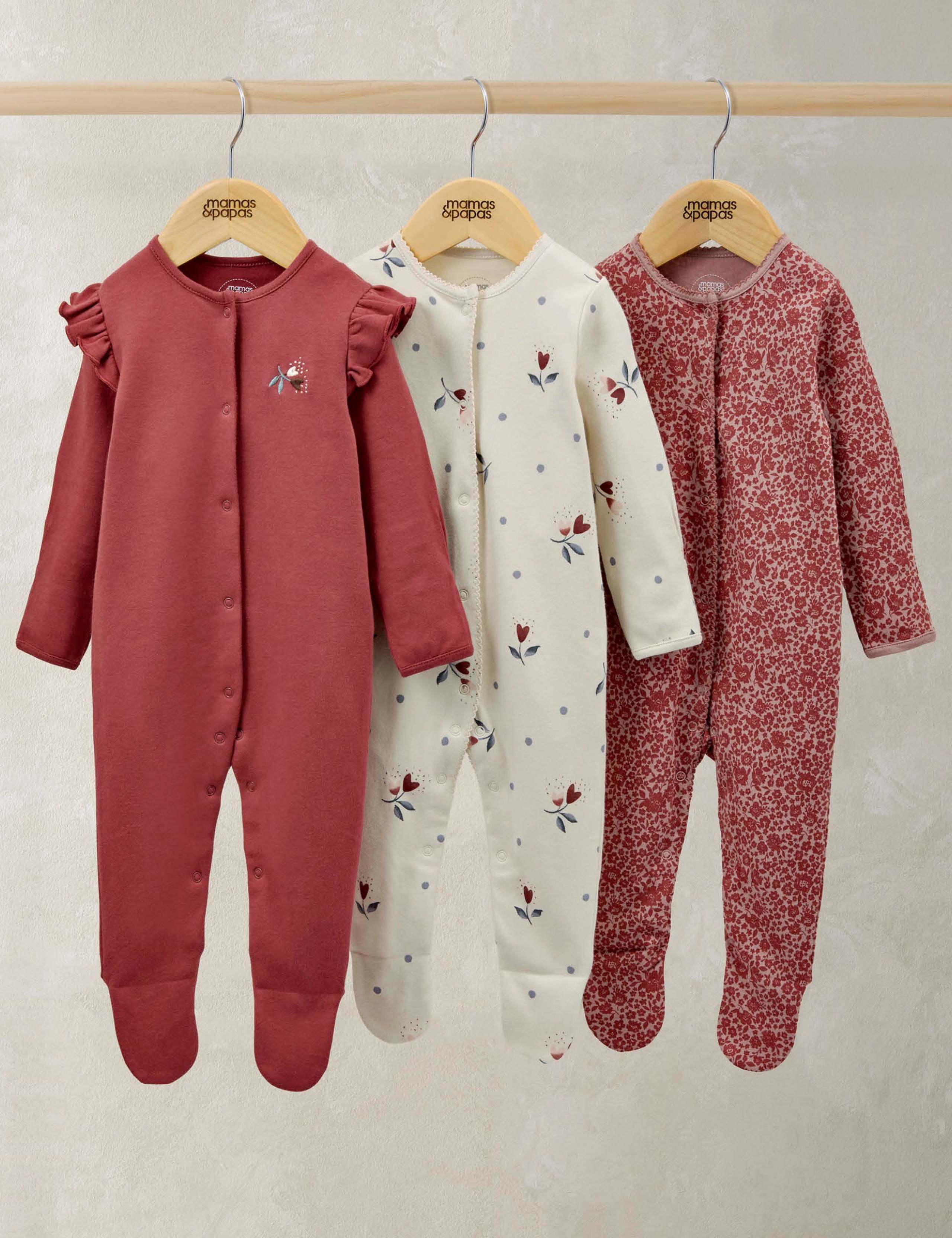 3 Pack Pure Cotton Floral Sleepsuits (0-24 Mths) 1 of 2