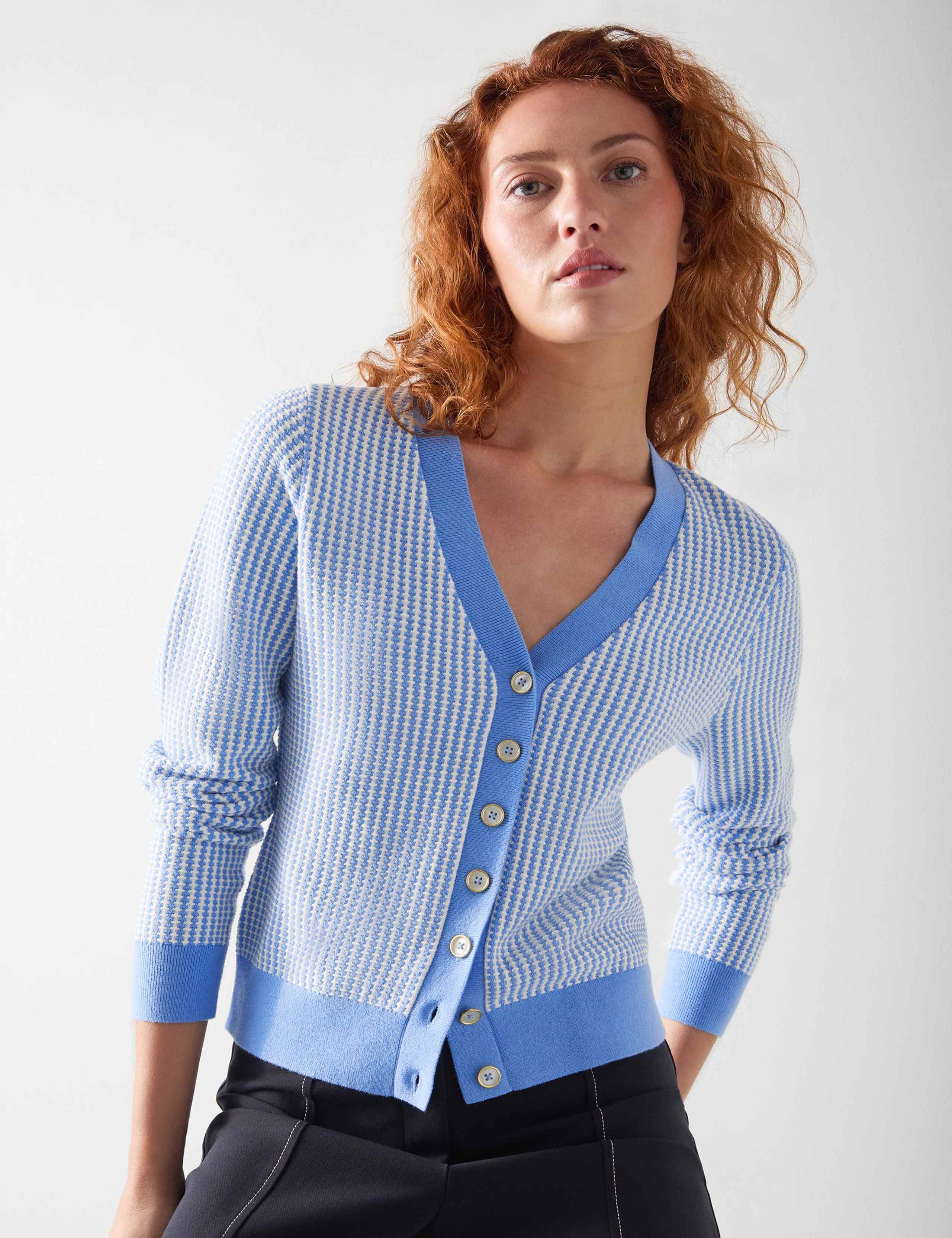 Wool Rich Striped Textured V-Neck Cardigan 3 of 4