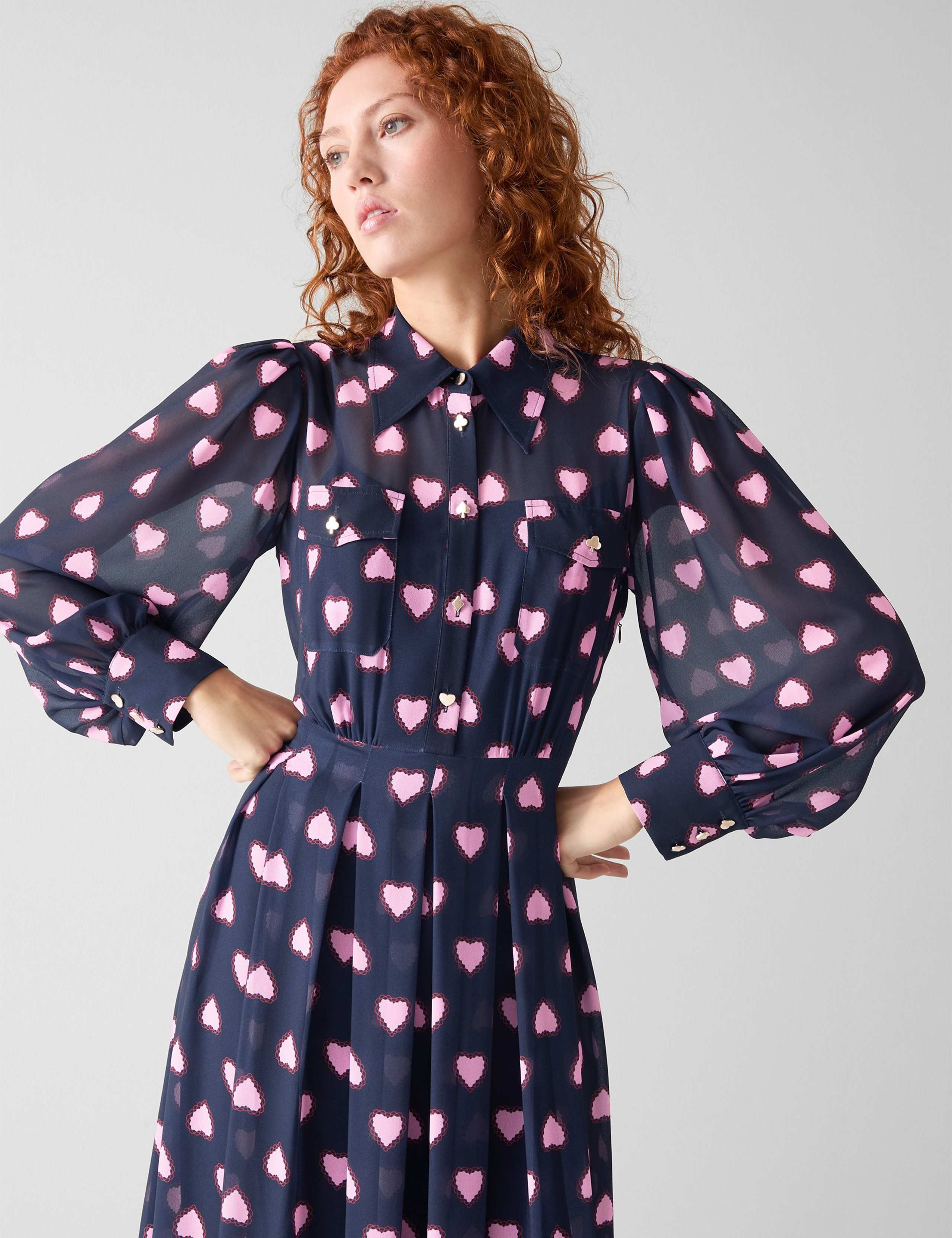 Heart Print Blouson Sleeve Midi Shirt Dress 3 of 4