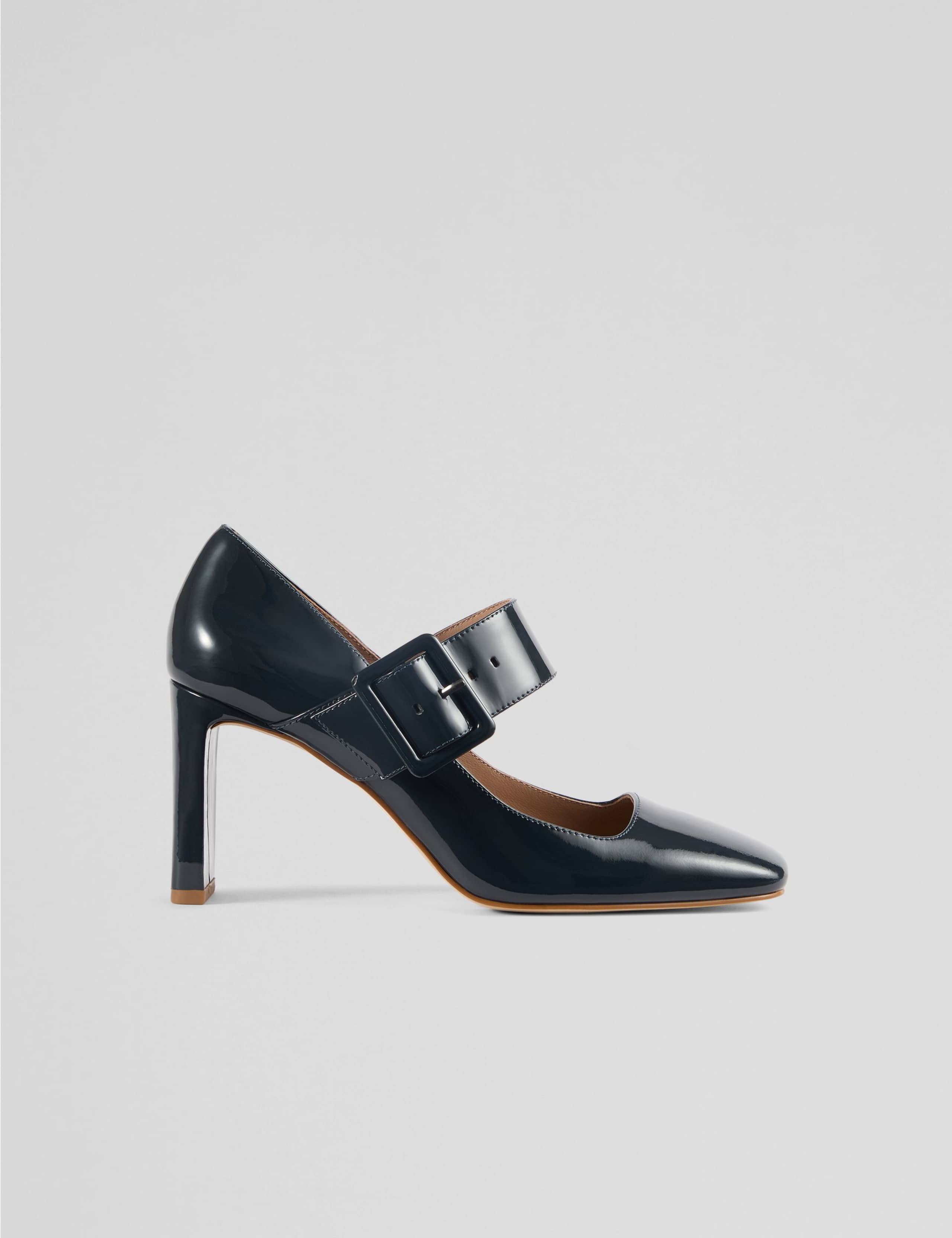 Leather Buckle Block Heel Court Shoes 1 of 4