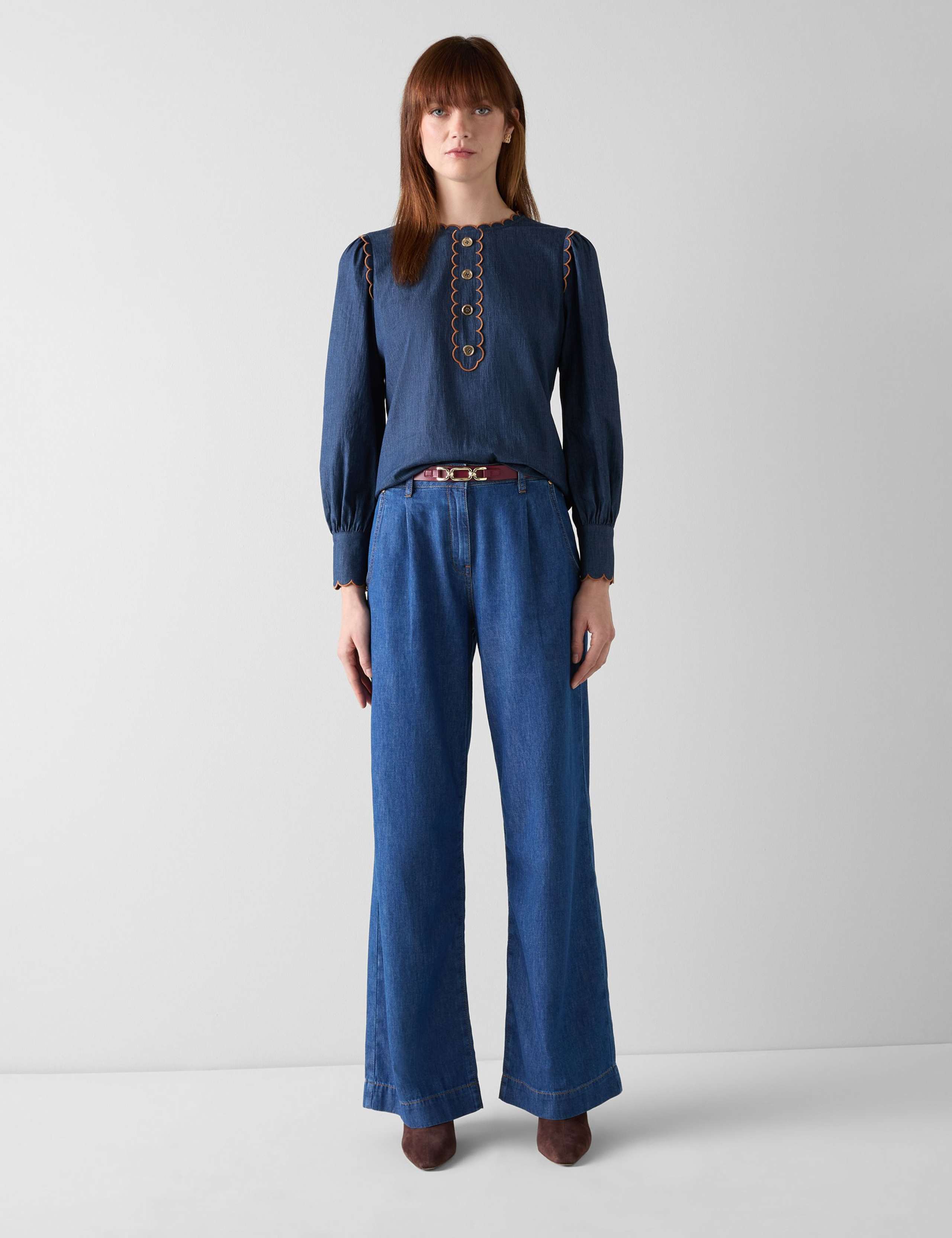 Denim Crew Neck Scallop Placket Blouse 1 of 4