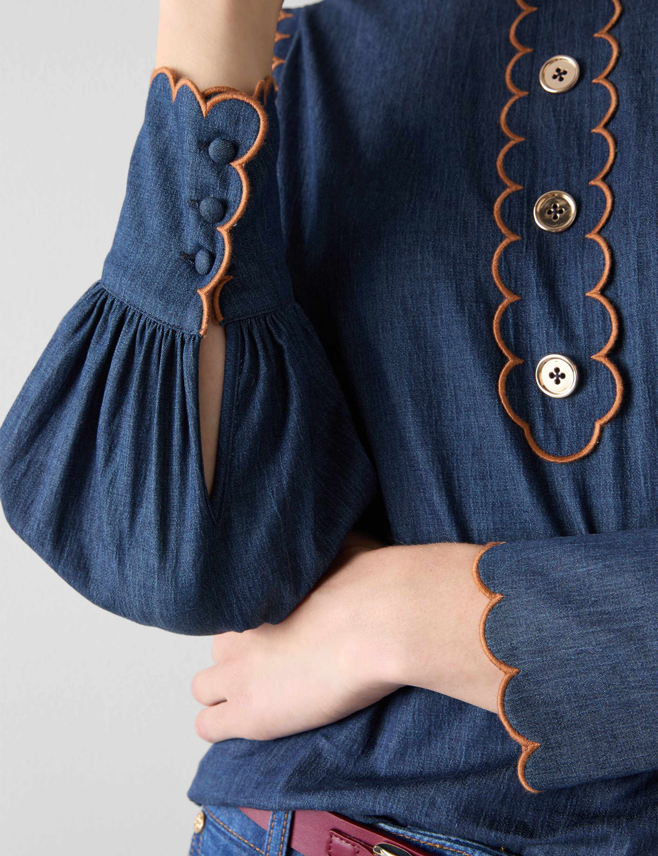 Denim Crew Neck Scallop Placket Blouse 4 of 4