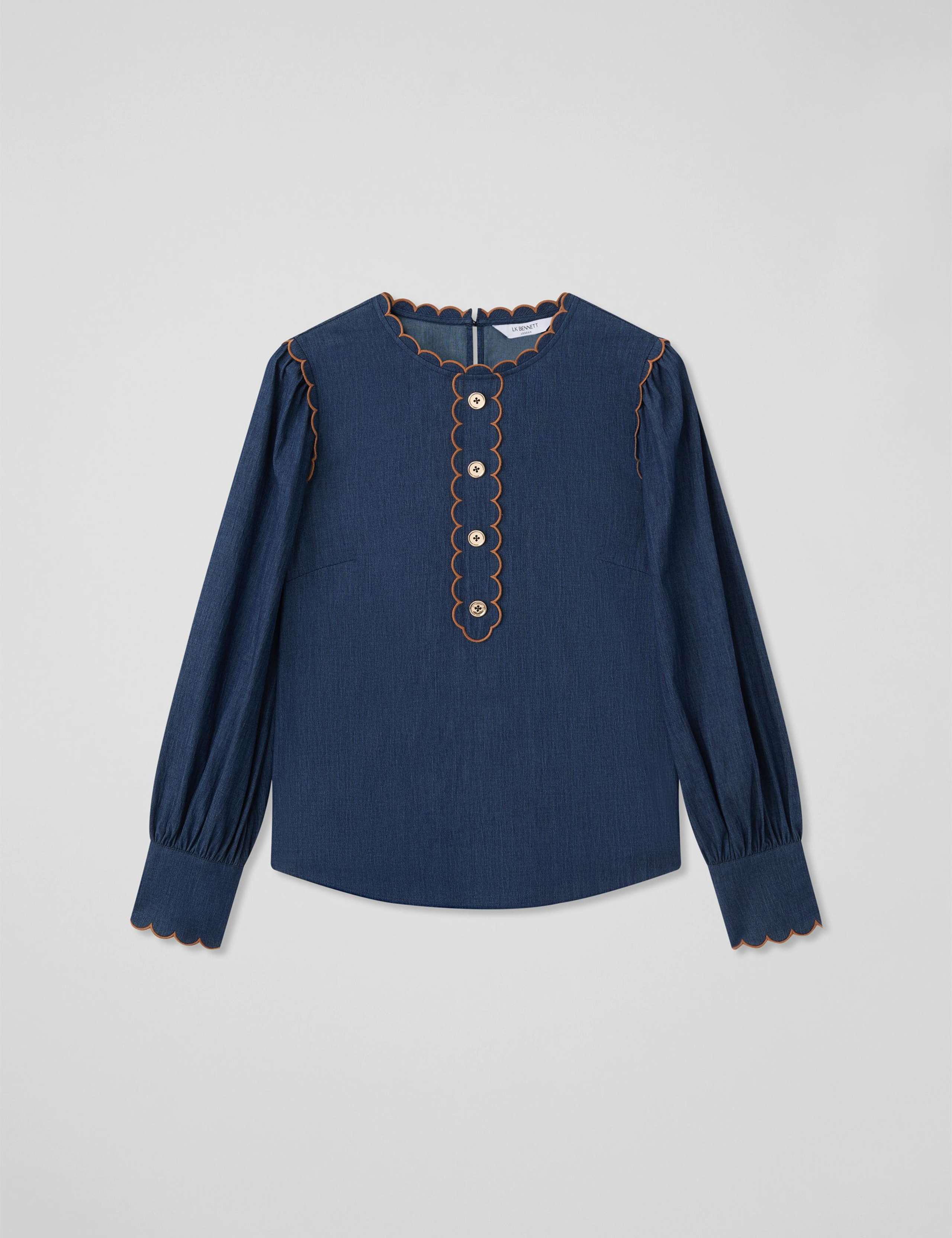 Denim Crew Neck Scallop Placket Blouse 2 of 4