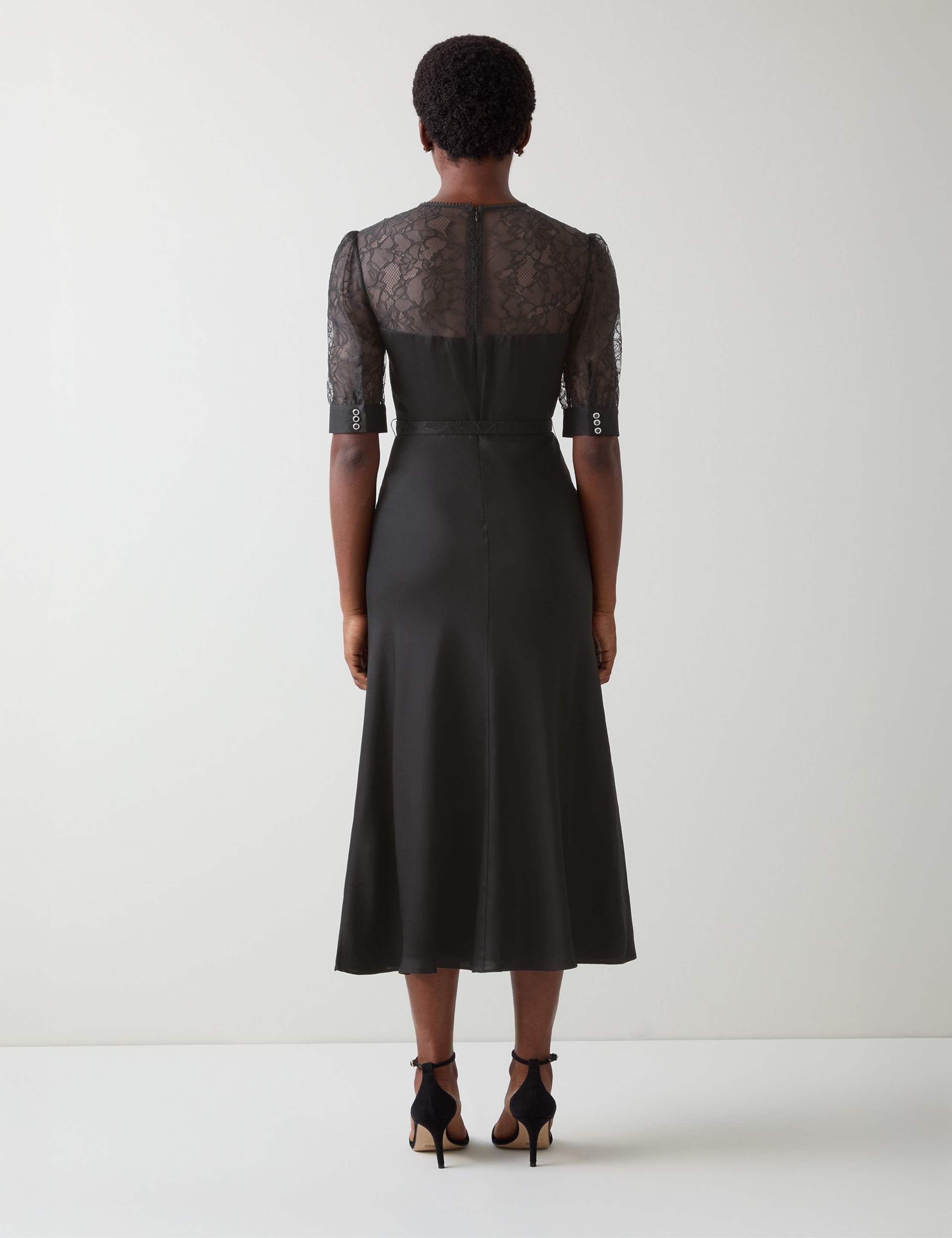 V-Neck Lace Belted Midi Waisted Dress 3 of 4