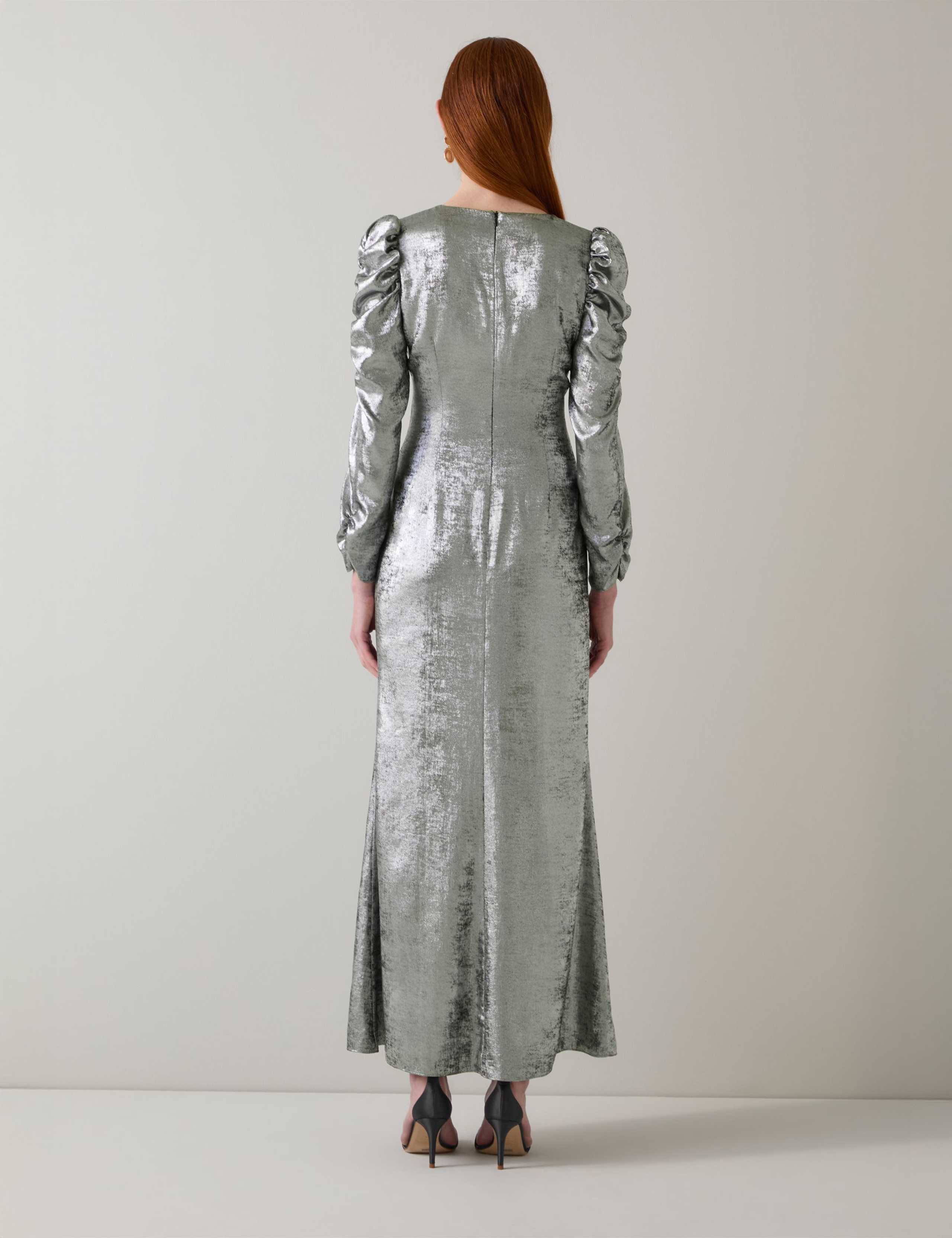 Metallic V-Neck Ruched Midi Column Dress 3 of 4