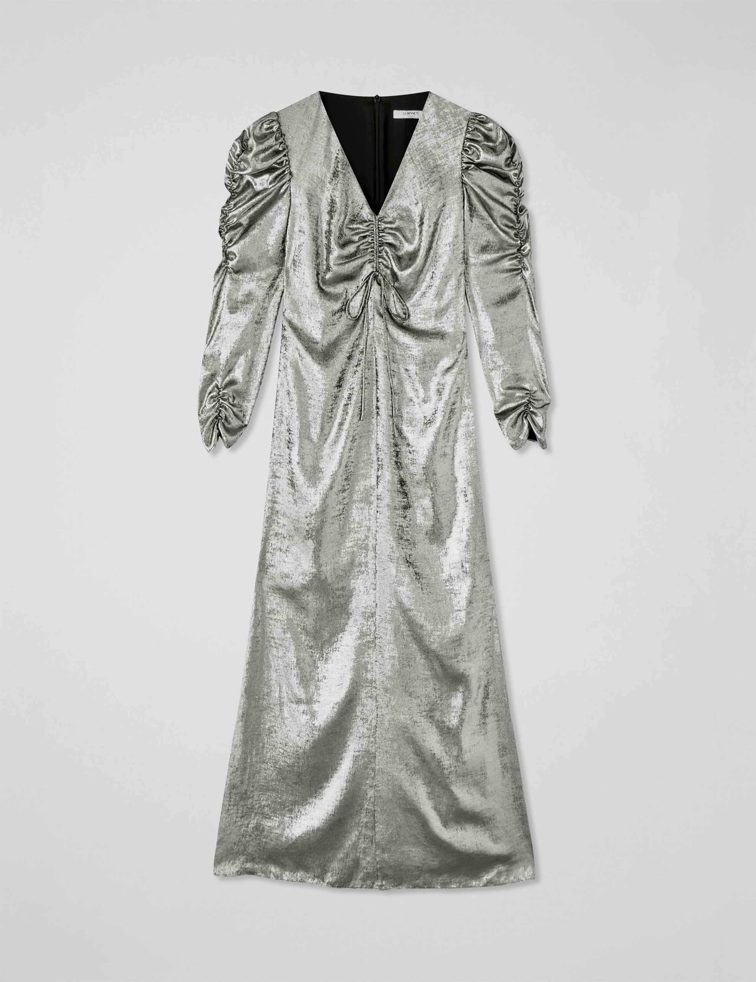 Metallic V-Neck Ruched Midi Column Dress 2 of 4