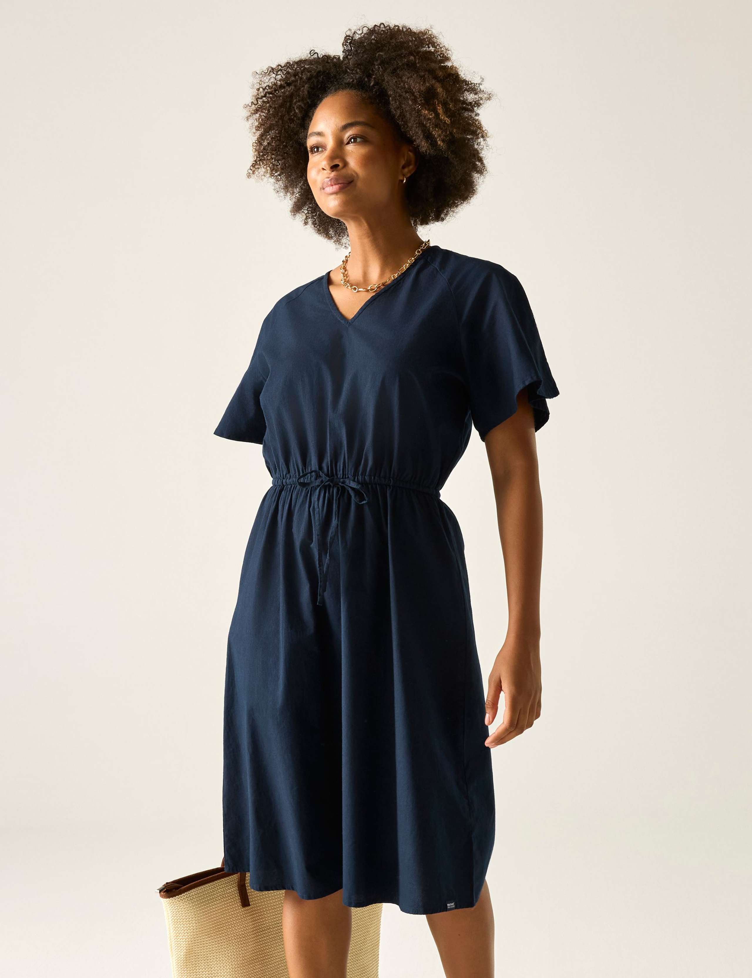 Elona Pure Cotton V-Neck Midi Waisted Dress 1 of 6