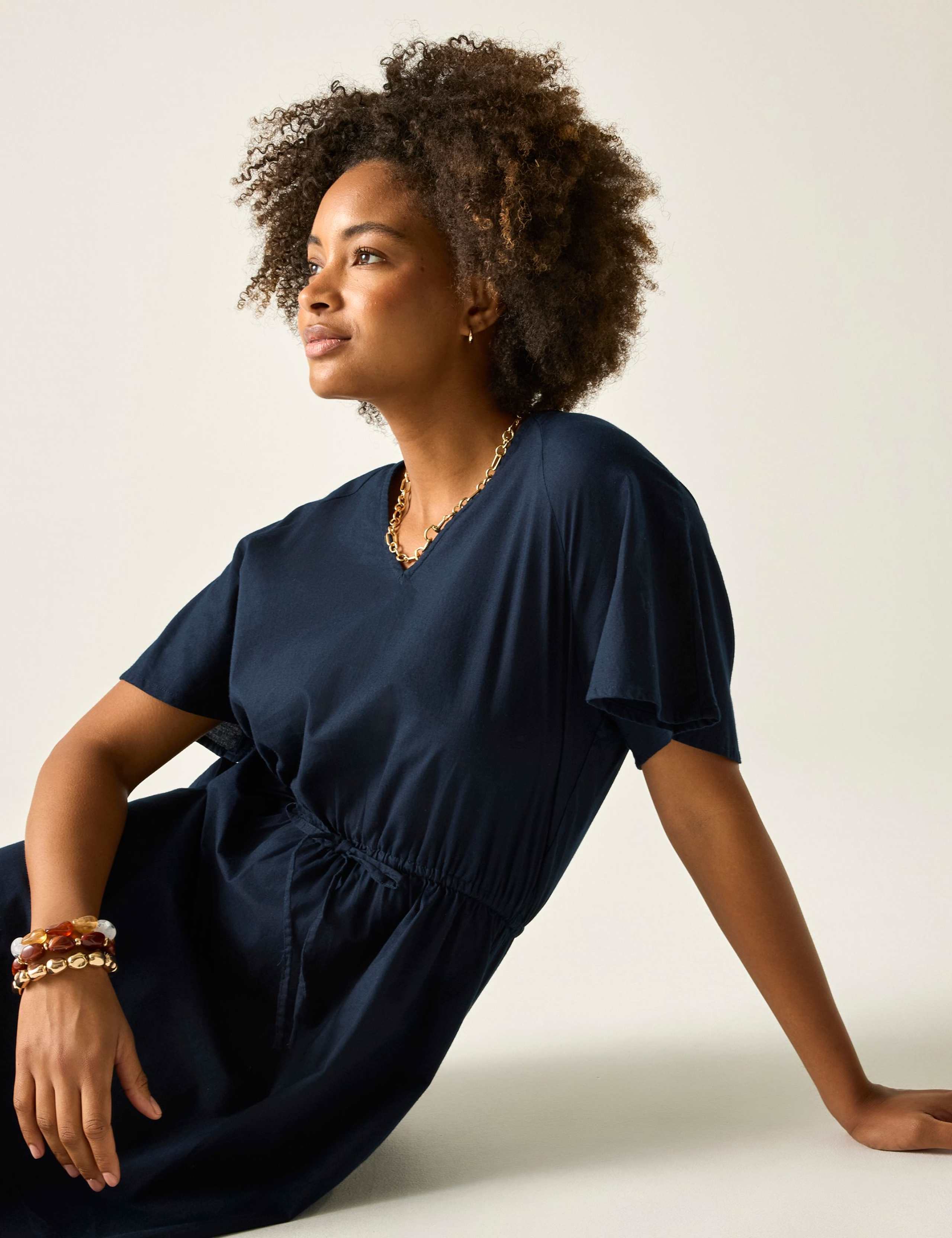 Elona Pure Cotton V-Neck Midi Waisted Dress 4 of 6