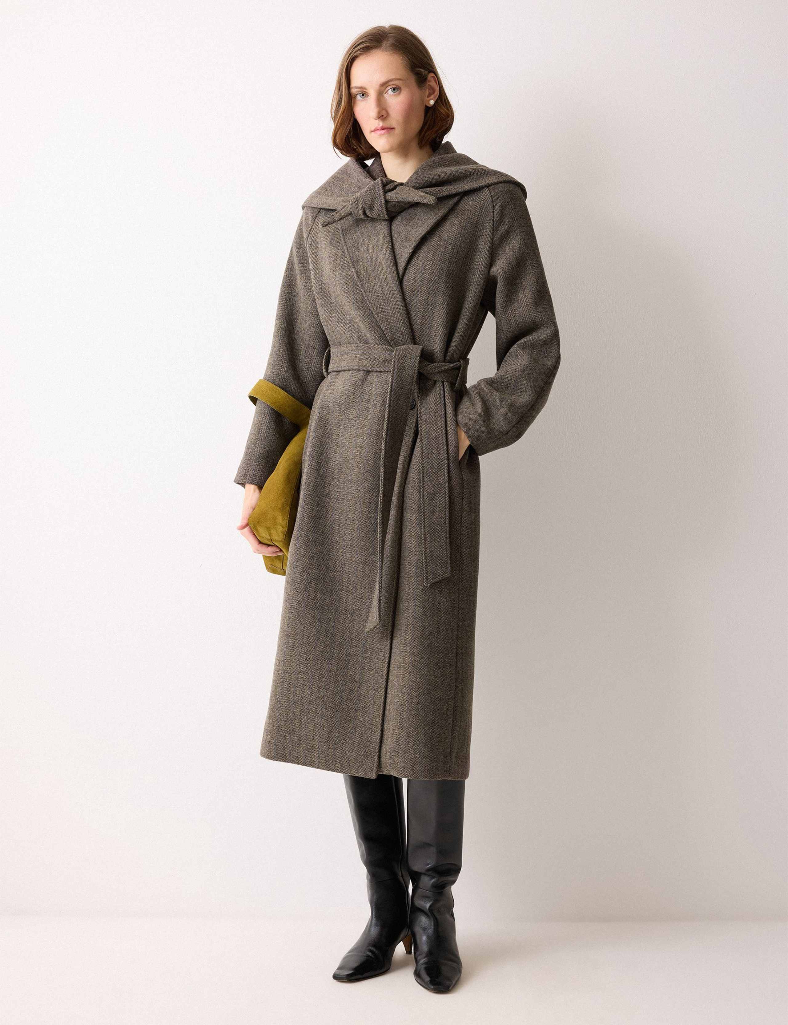 Wool Blend Herringbone Hooded Wrap Coat 1 of 6