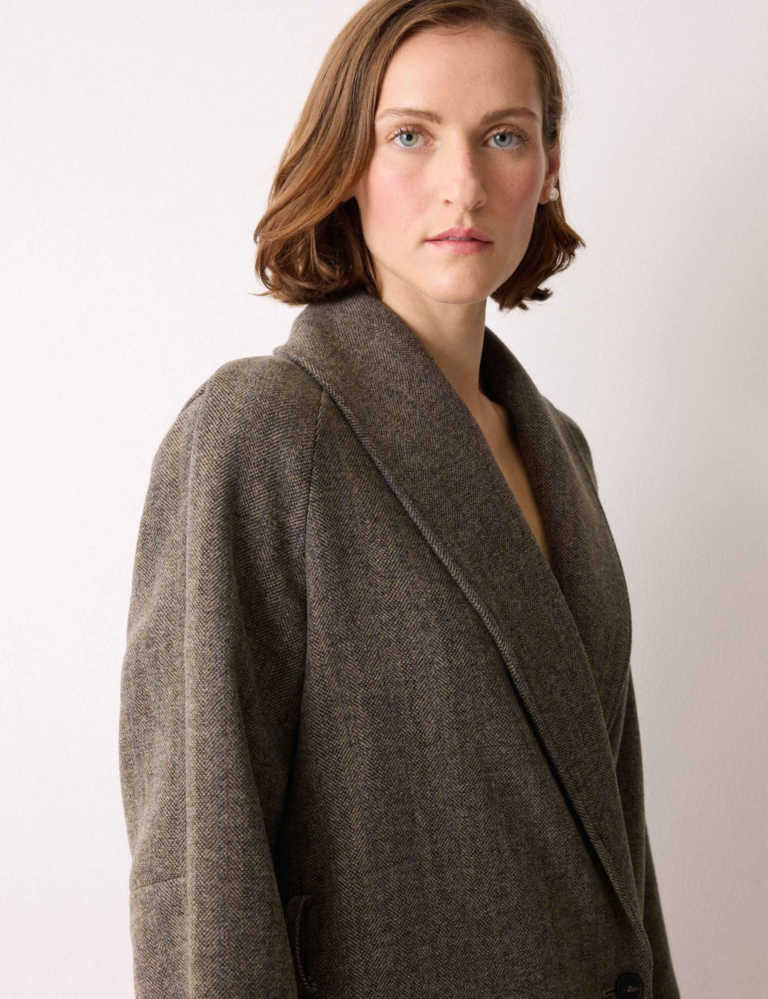 Wool Blend Herringbone Hooded Wrap Coat 2 of 6