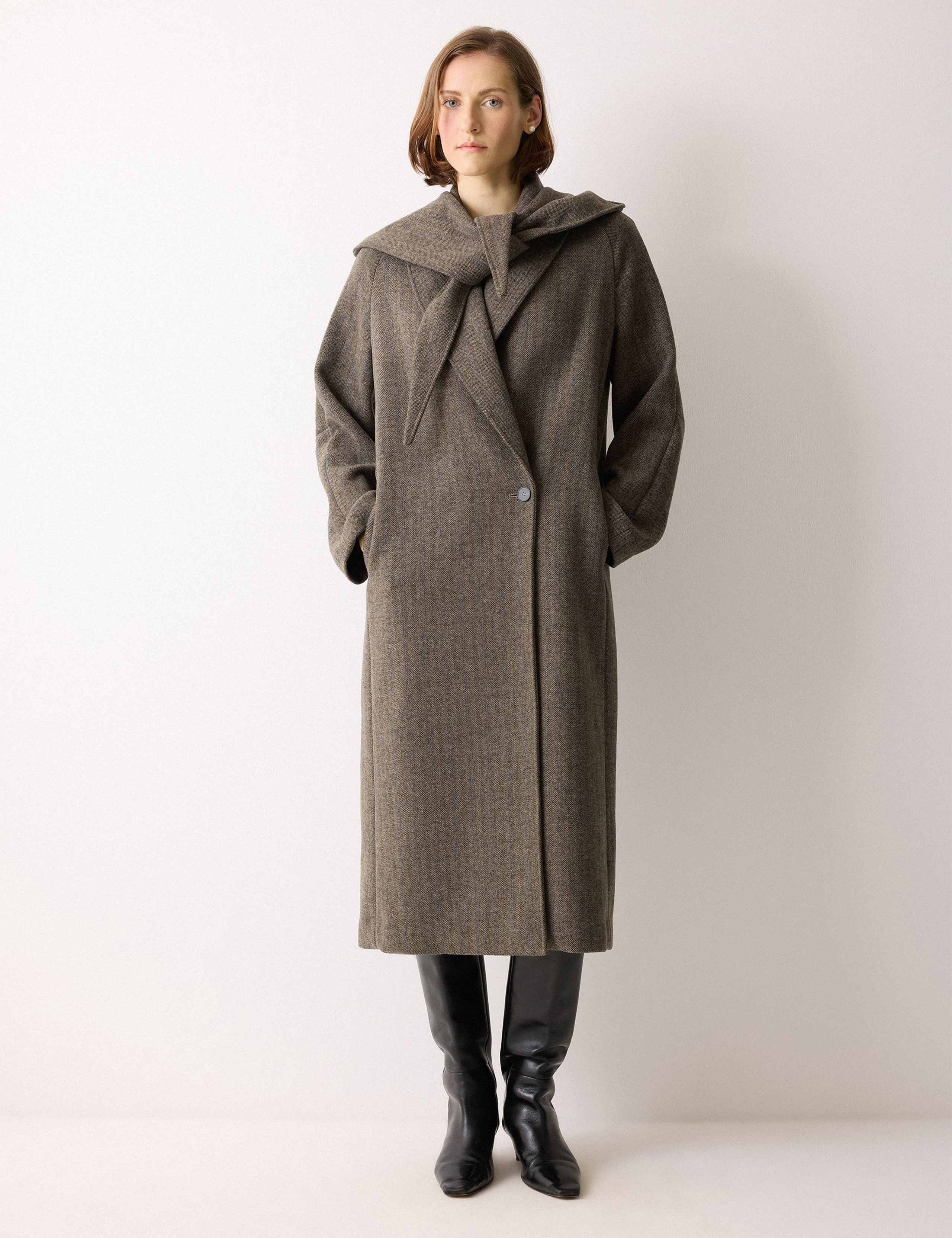 Wool Blend Herringbone Hooded Wrap Coat 4 of 6