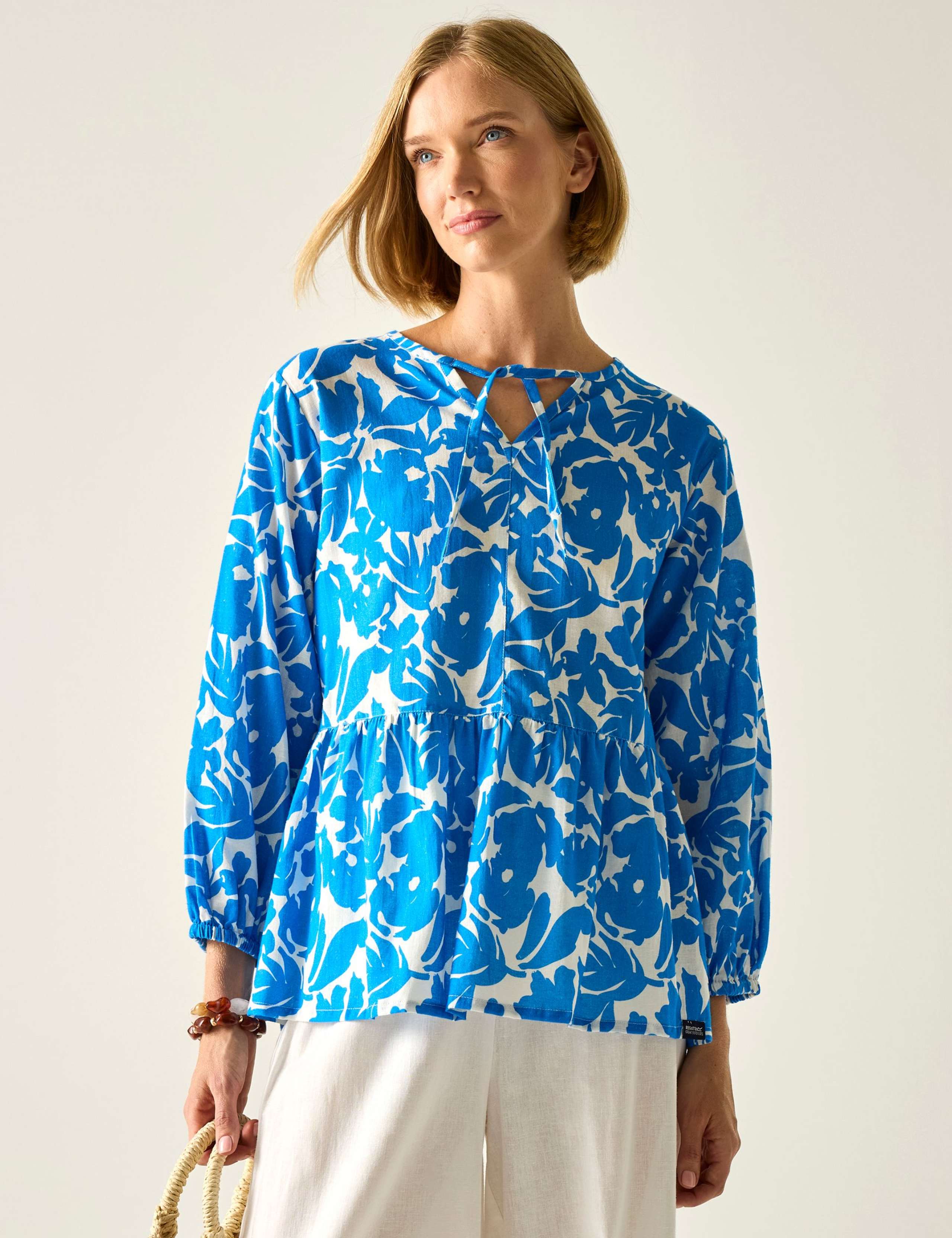 Primden Cotton Rich Tie Neck Blouse With Linen 1 of 7