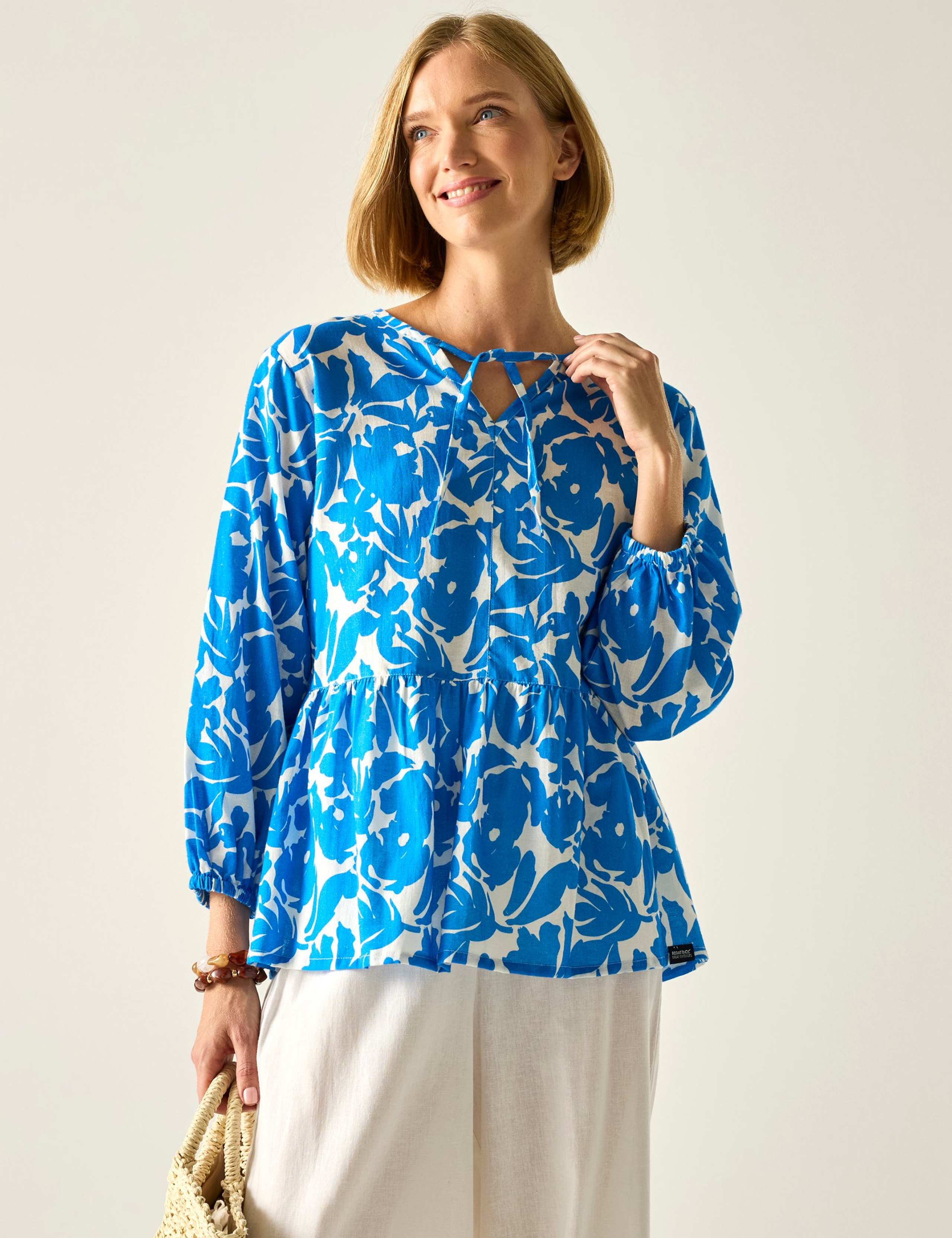 Primden Cotton Rich Tie Neck Blouse With Linen 3 of 7