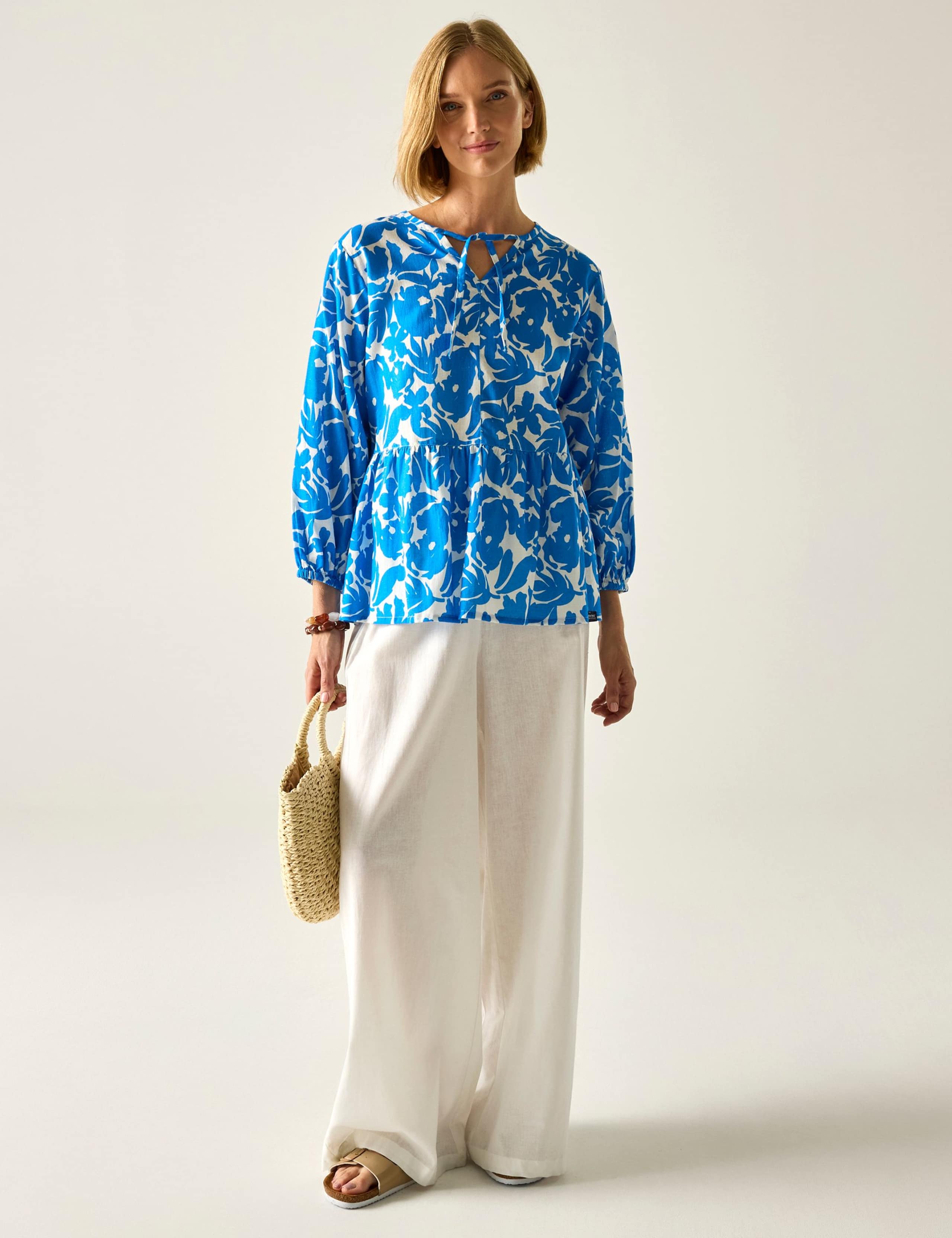 Primden Cotton Rich Tie Neck Blouse With Linen 7 of 7