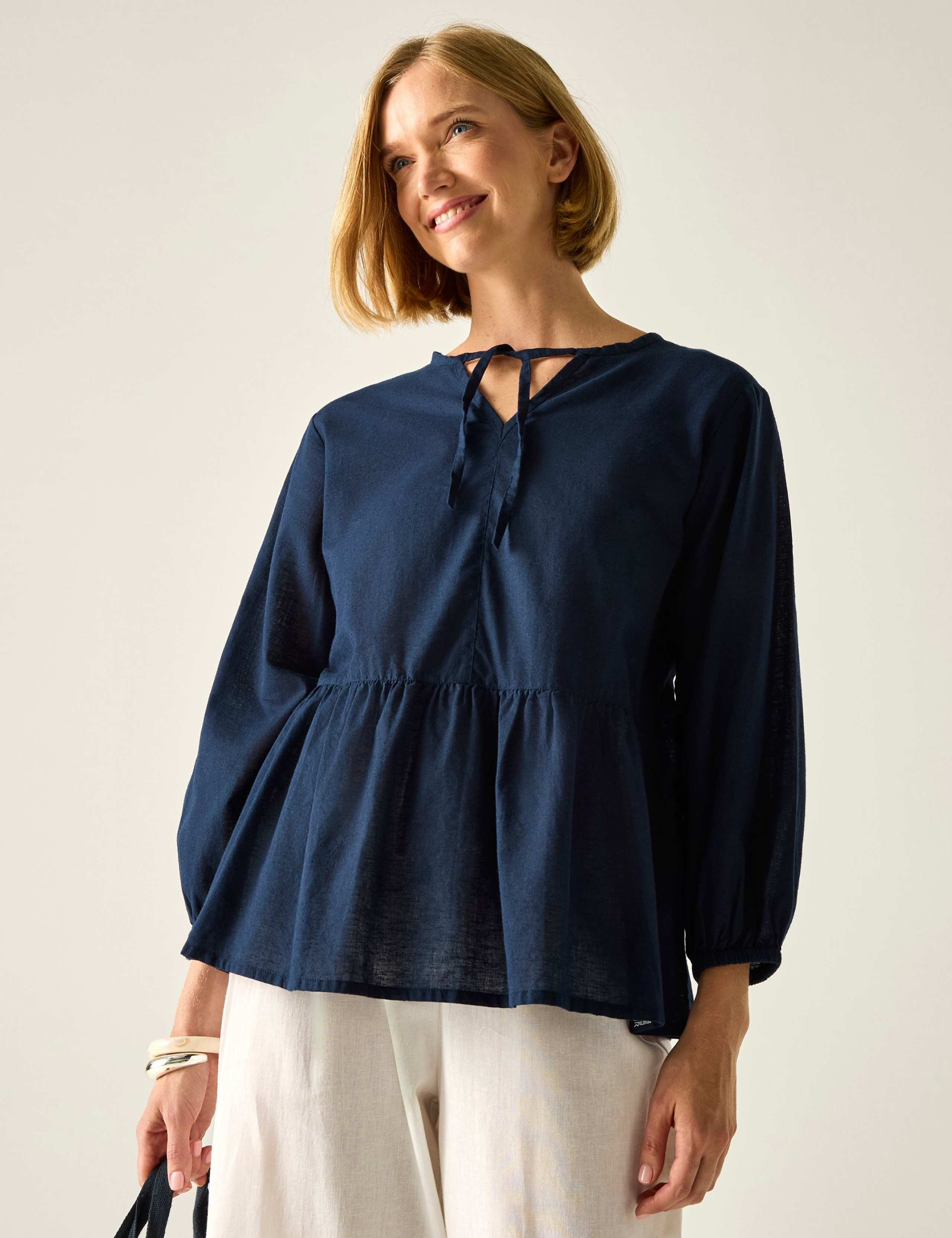 Primden Cotton Rich Tie Neck Blouse With Linen 1 of 7