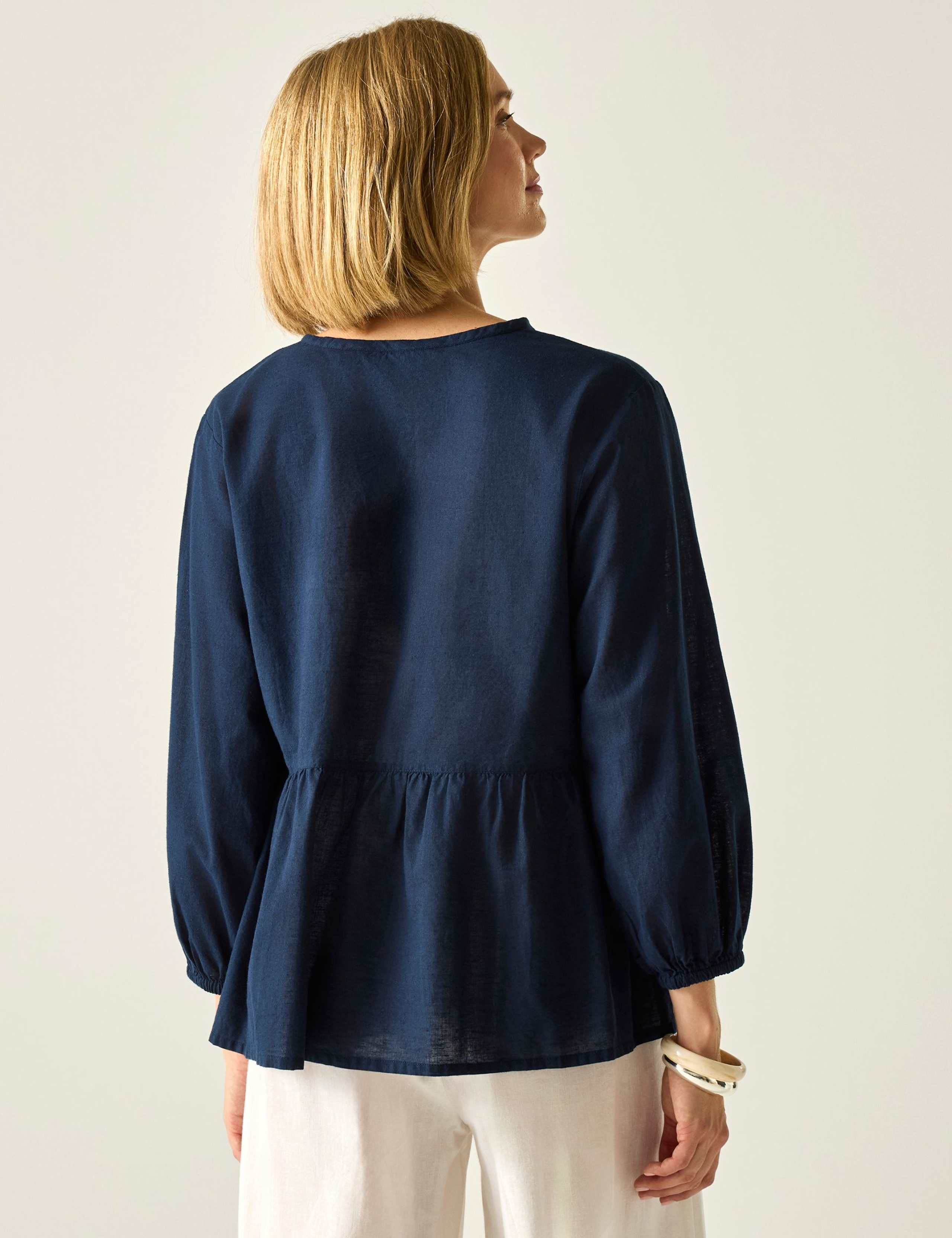 Primden Cotton Rich Tie Neck Blouse With Linen 3 of 7