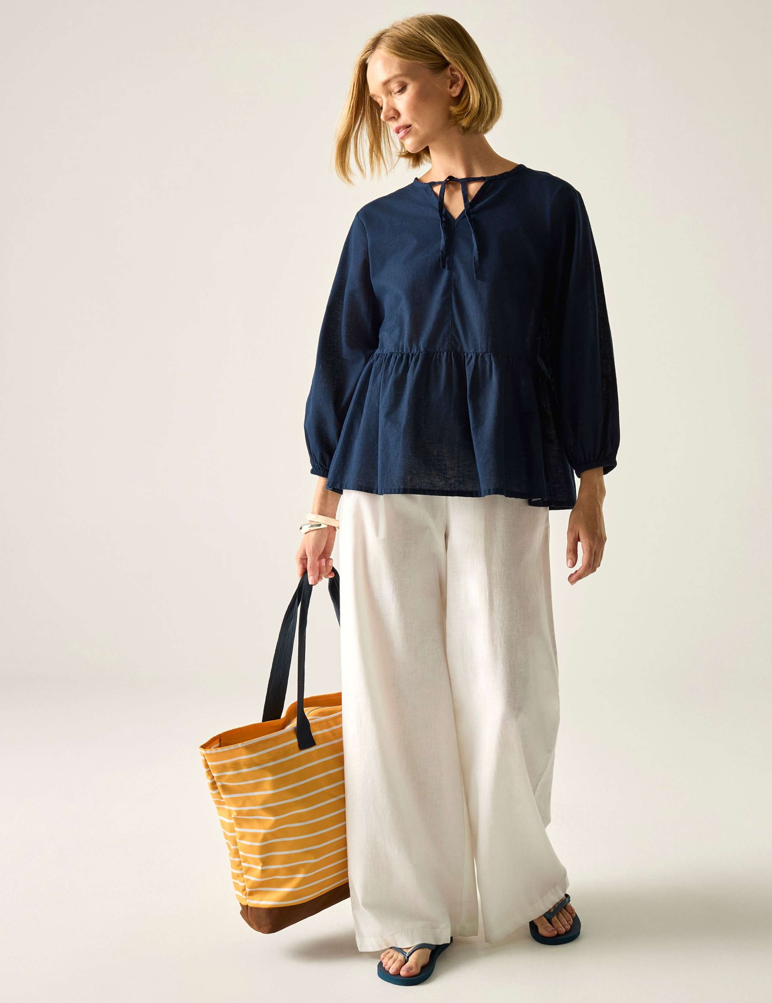 Primden Cotton Rich Tie Neck Blouse With Linen 5 of 7