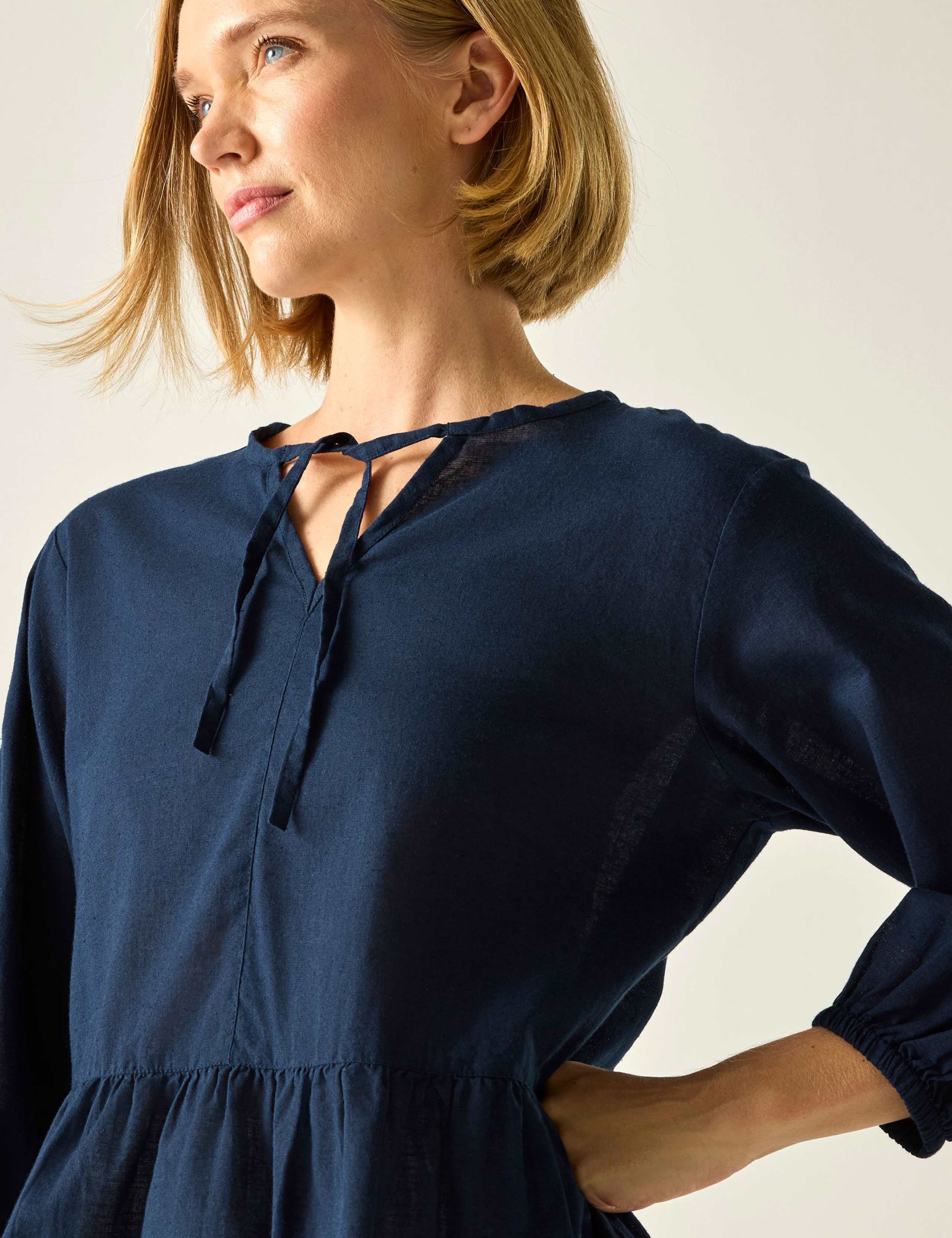 Primden Cotton Rich Tie Neck Blouse With Linen 6 of 7