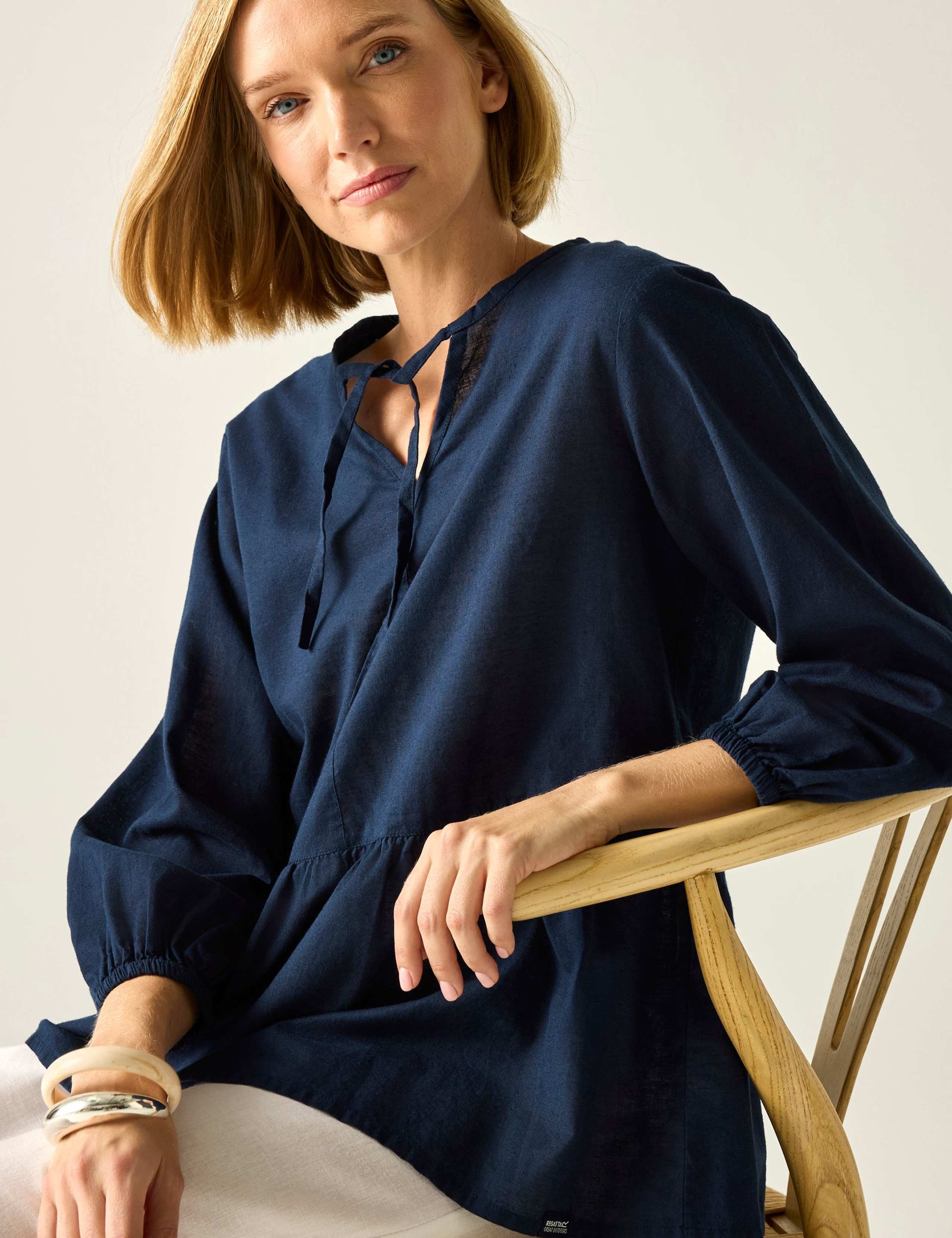 Primden Cotton Rich Tie Neck Blouse With Linen 7 of 7