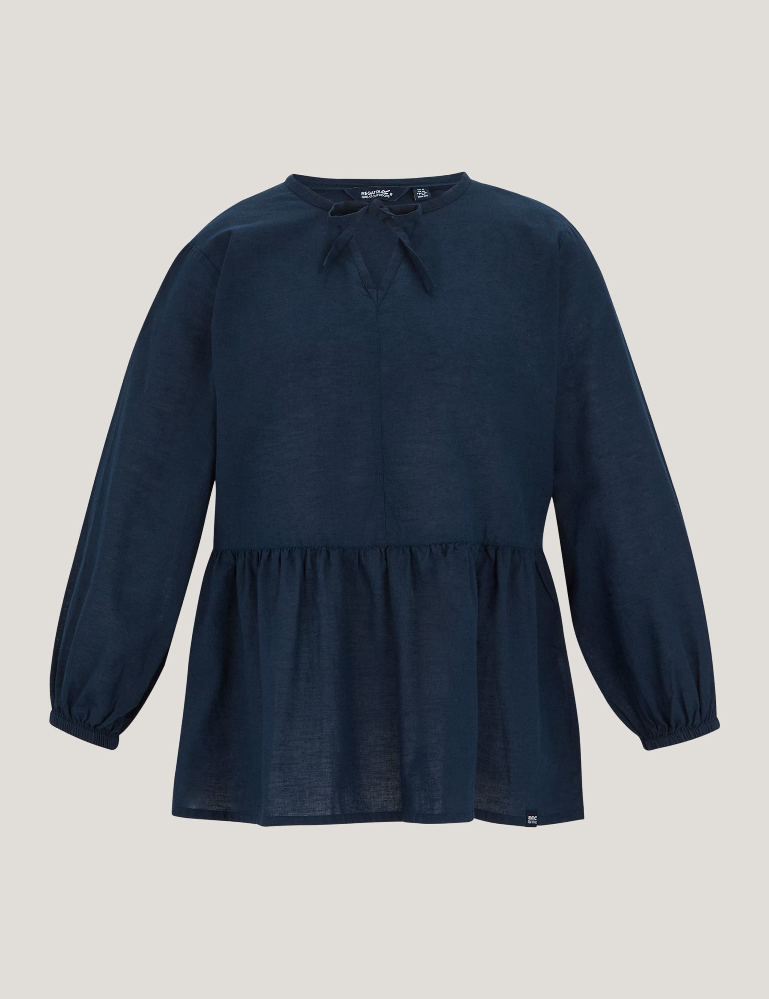 Primden Cotton Rich Tie Neck Blouse With Linen 2 of 7