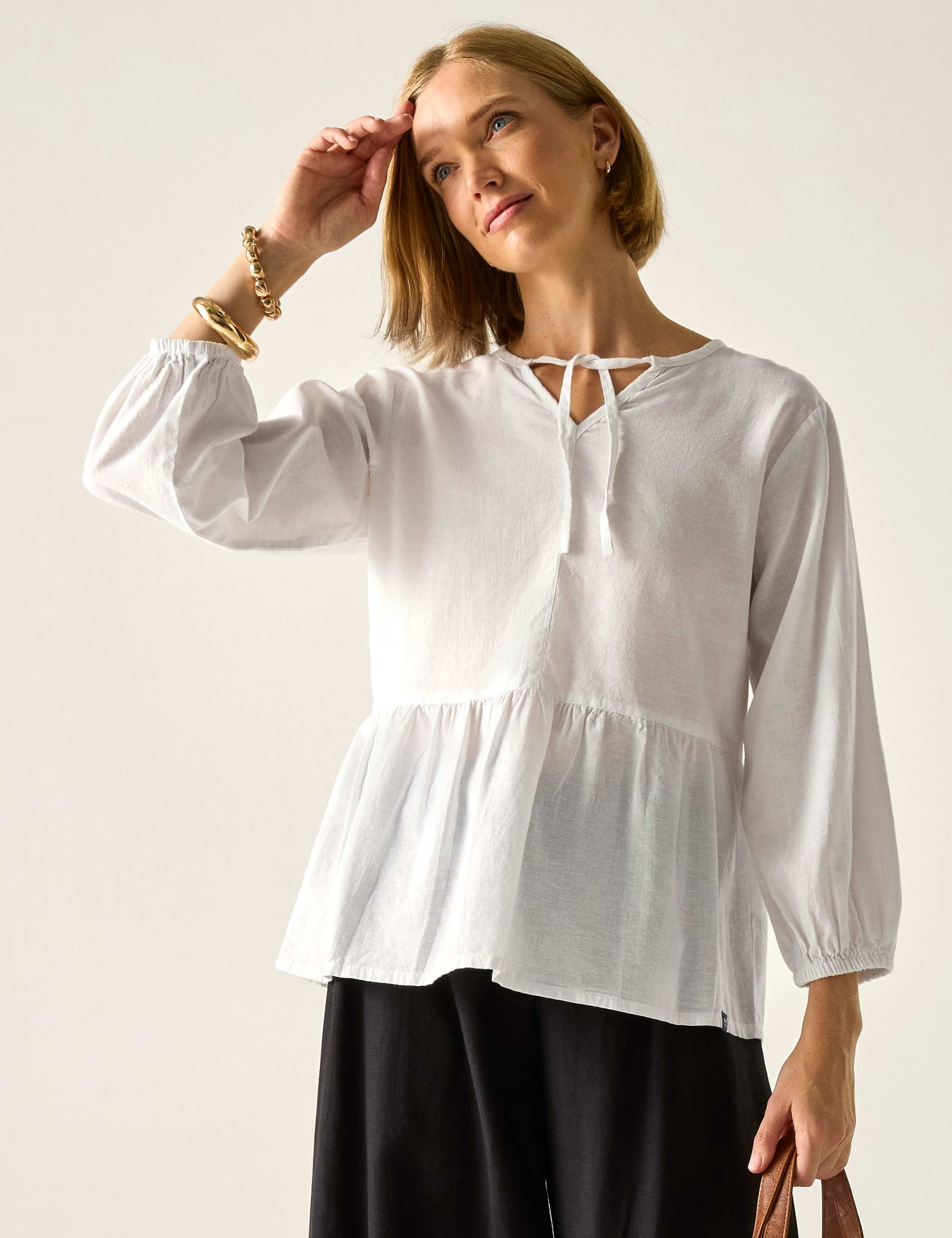 Primden Cotton Rich Tie Neck Blouse With Linen 1 of 7