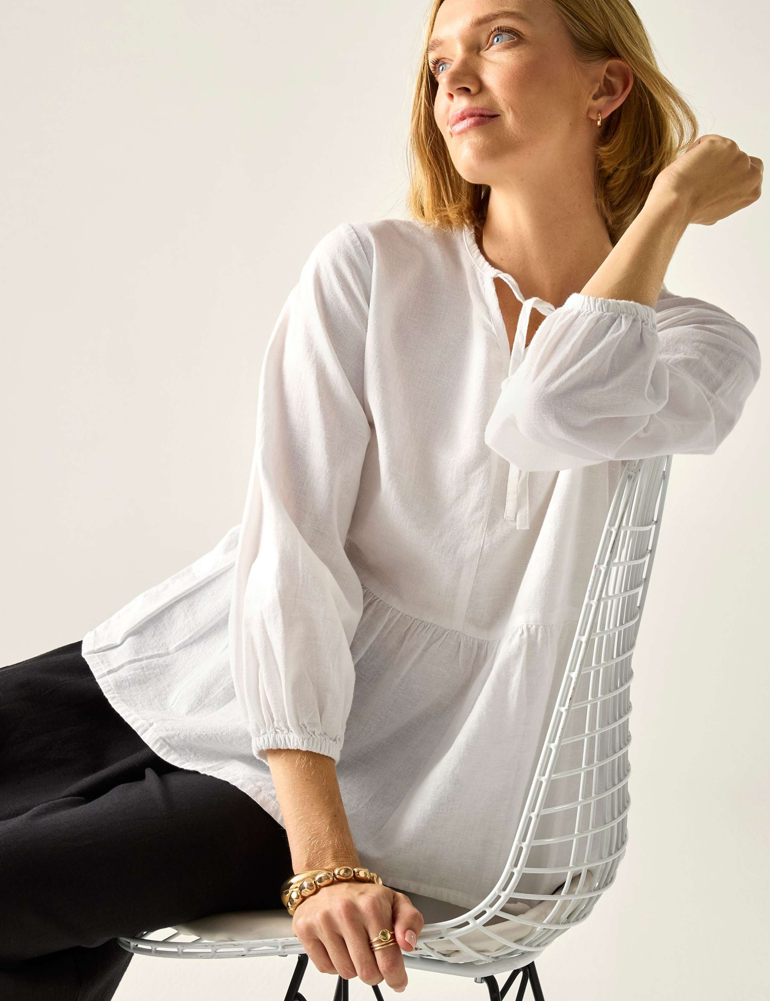 Primden Cotton Rich Tie Neck Blouse With Linen 3 of 7