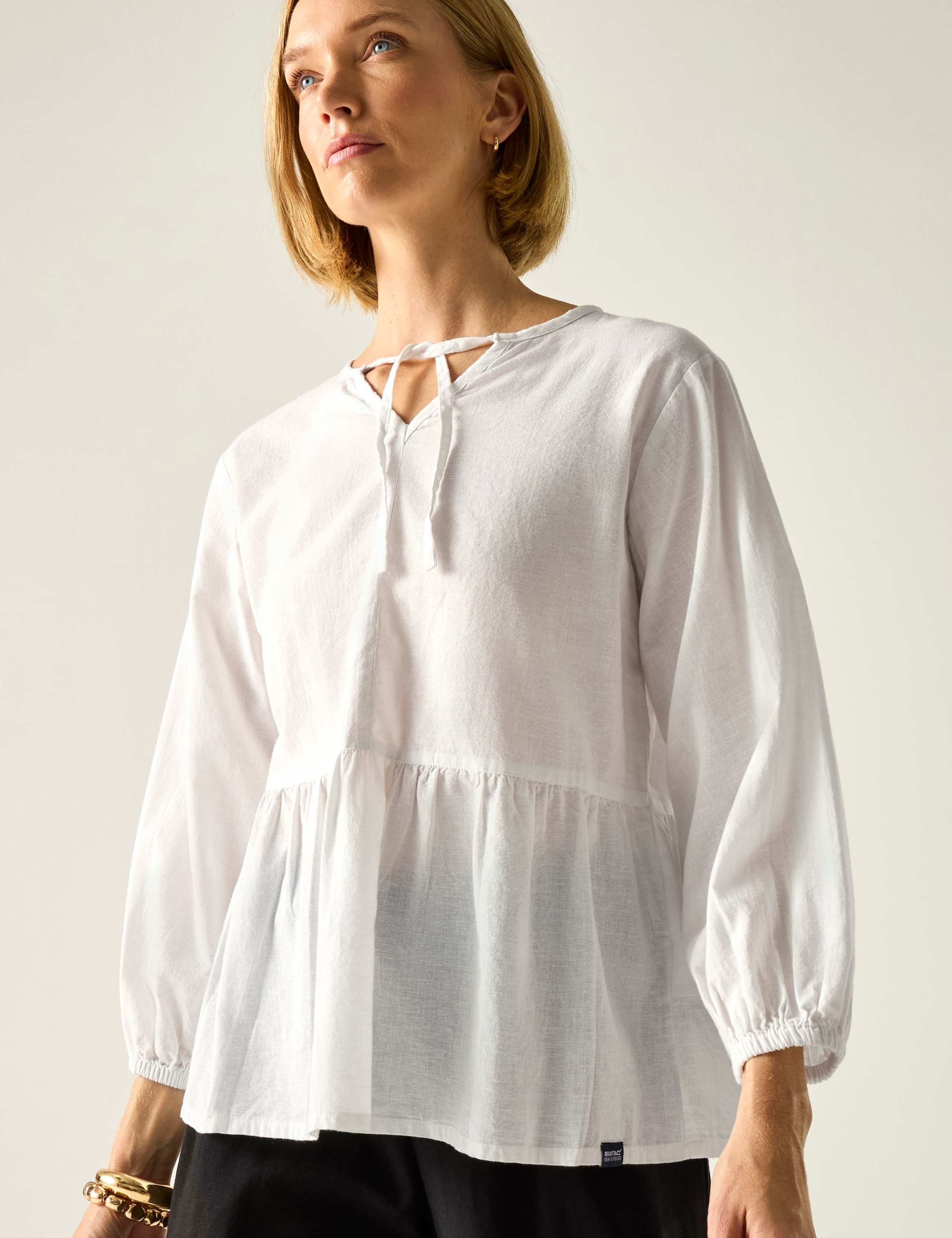 Primden Cotton Rich Tie Neck Blouse With Linen 4 of 7