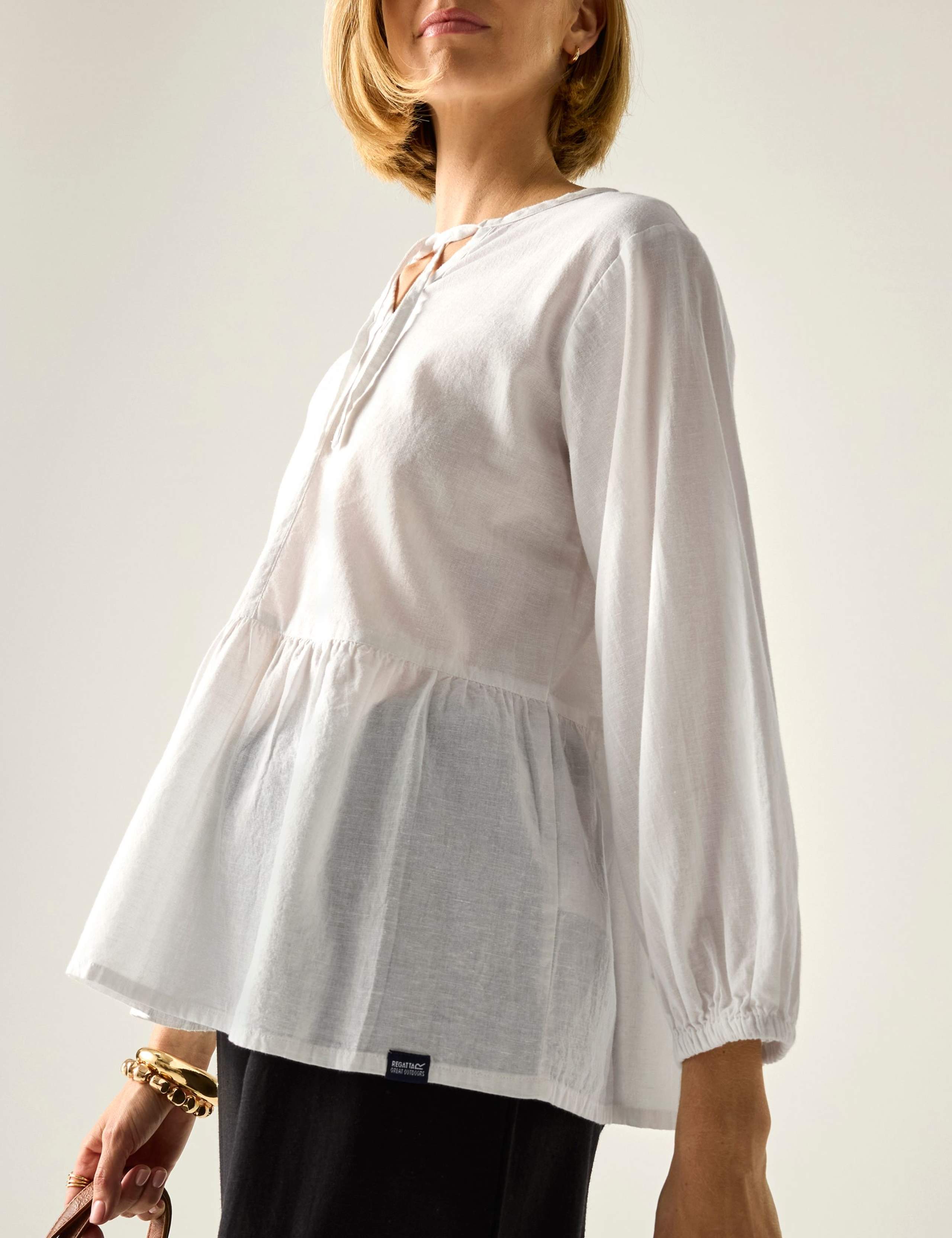 Primden Cotton Rich Tie Neck Blouse With Linen 5 of 7