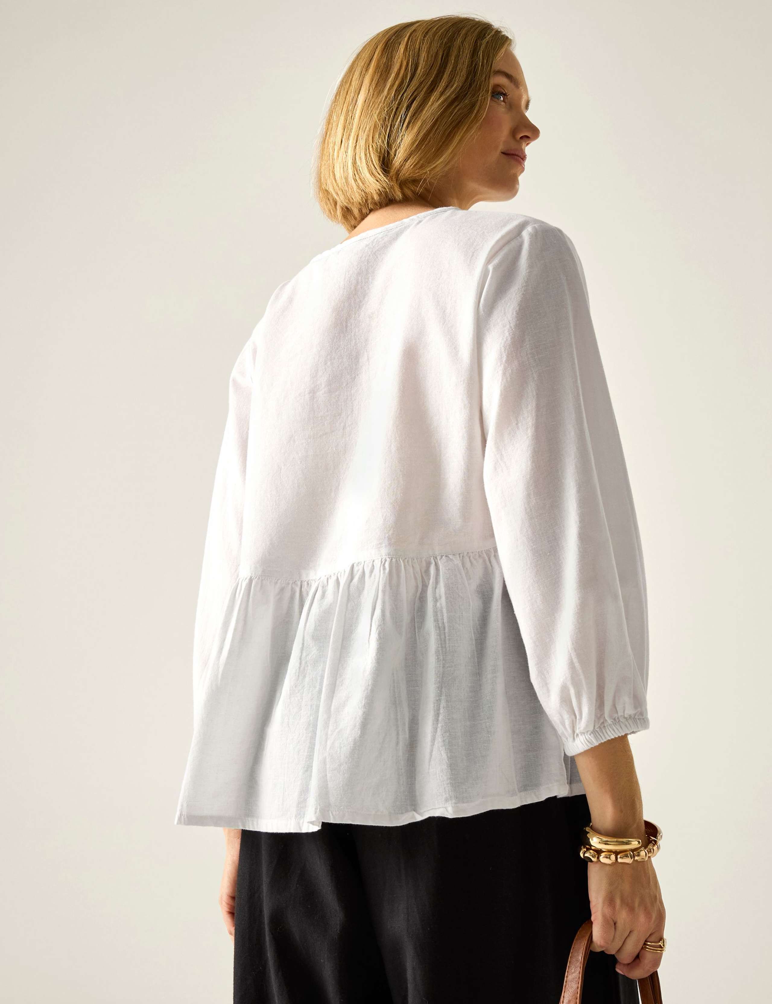 Primden Cotton Rich Tie Neck Blouse With Linen 6 of 7
