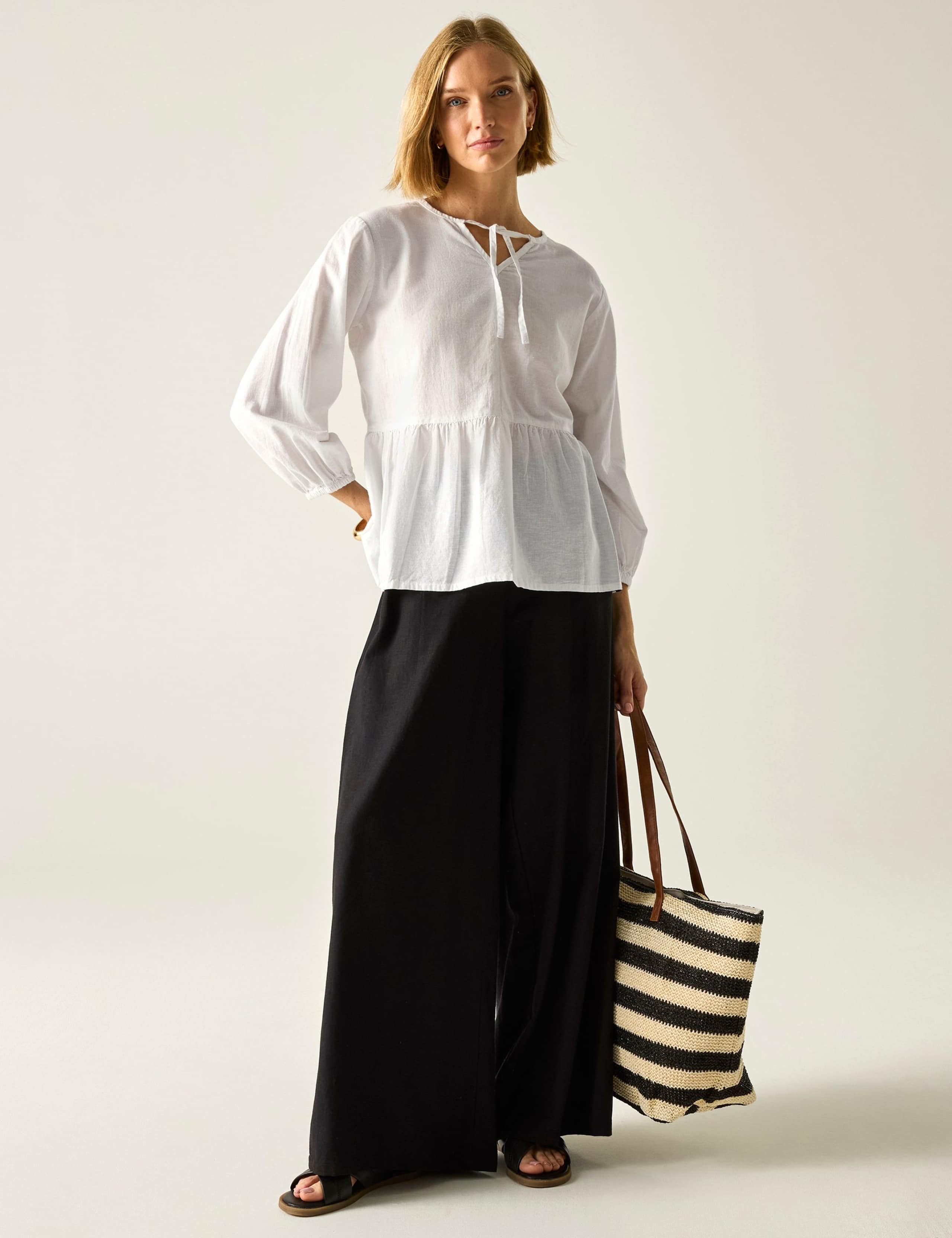 Primden Cotton Rich Tie Neck Blouse With Linen 7 of 7