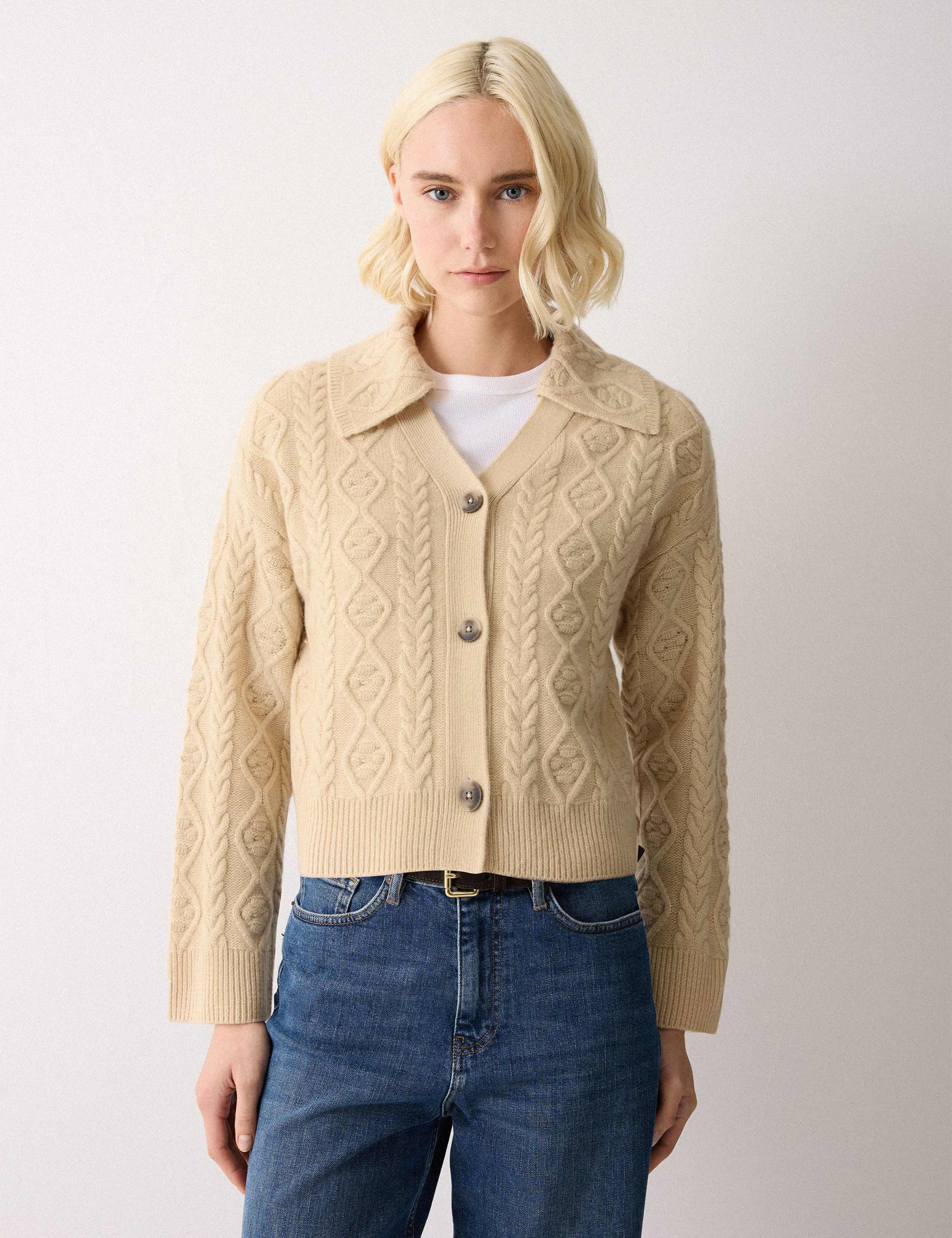 Wool Rich Cable Knit Collared V-Neck Cardigan 1 of 7