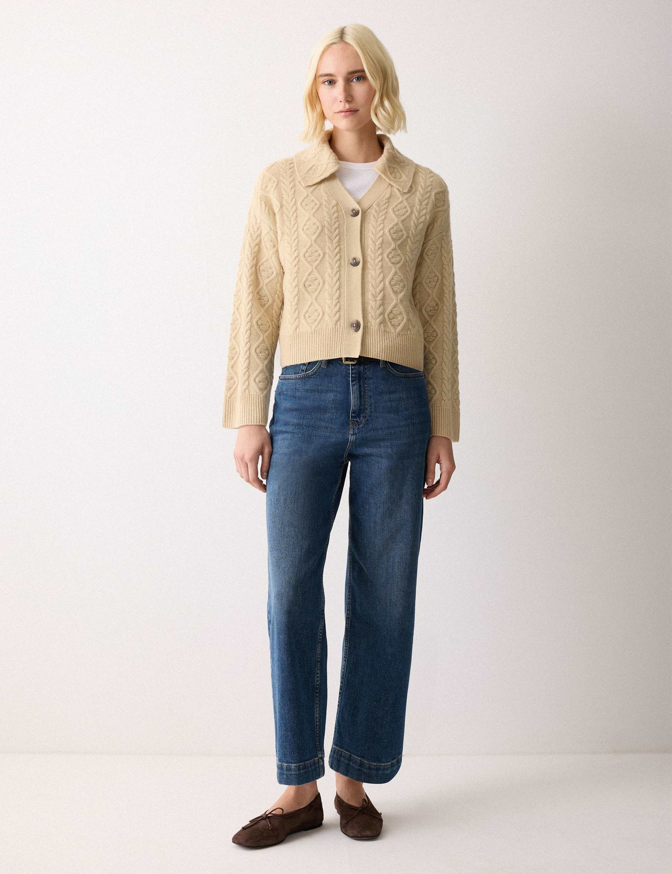 Wool Rich Cable Knit Collared V-Neck Cardigan 3 of 7