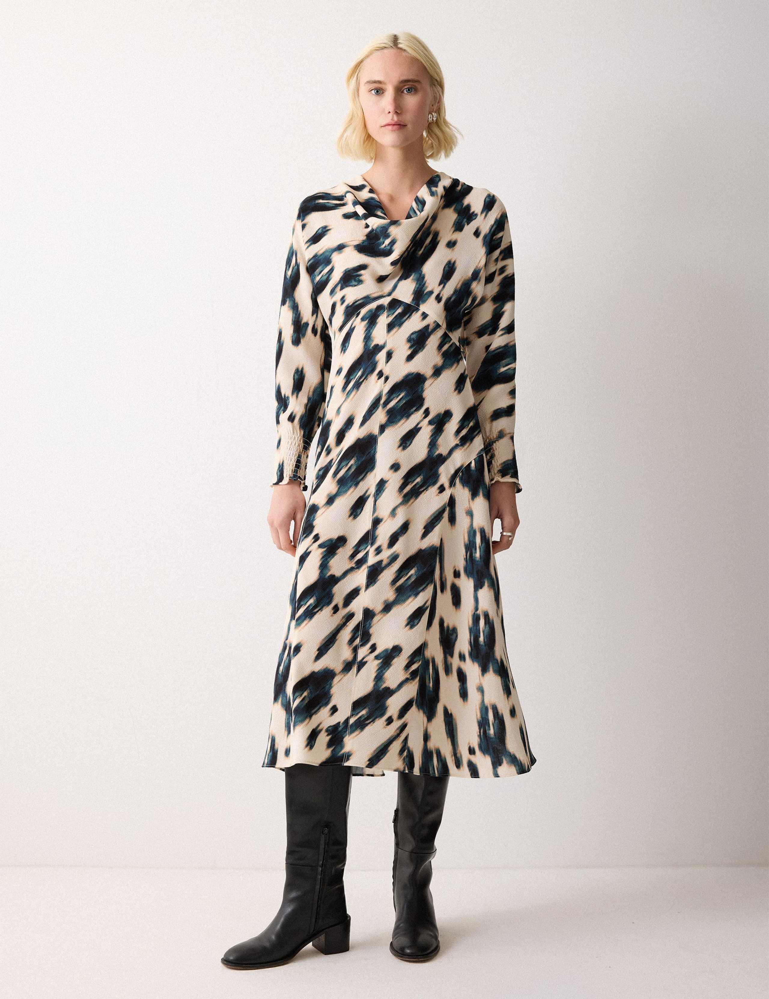 Printed Cowl Neck Midi Waisted Dress 1 of 7