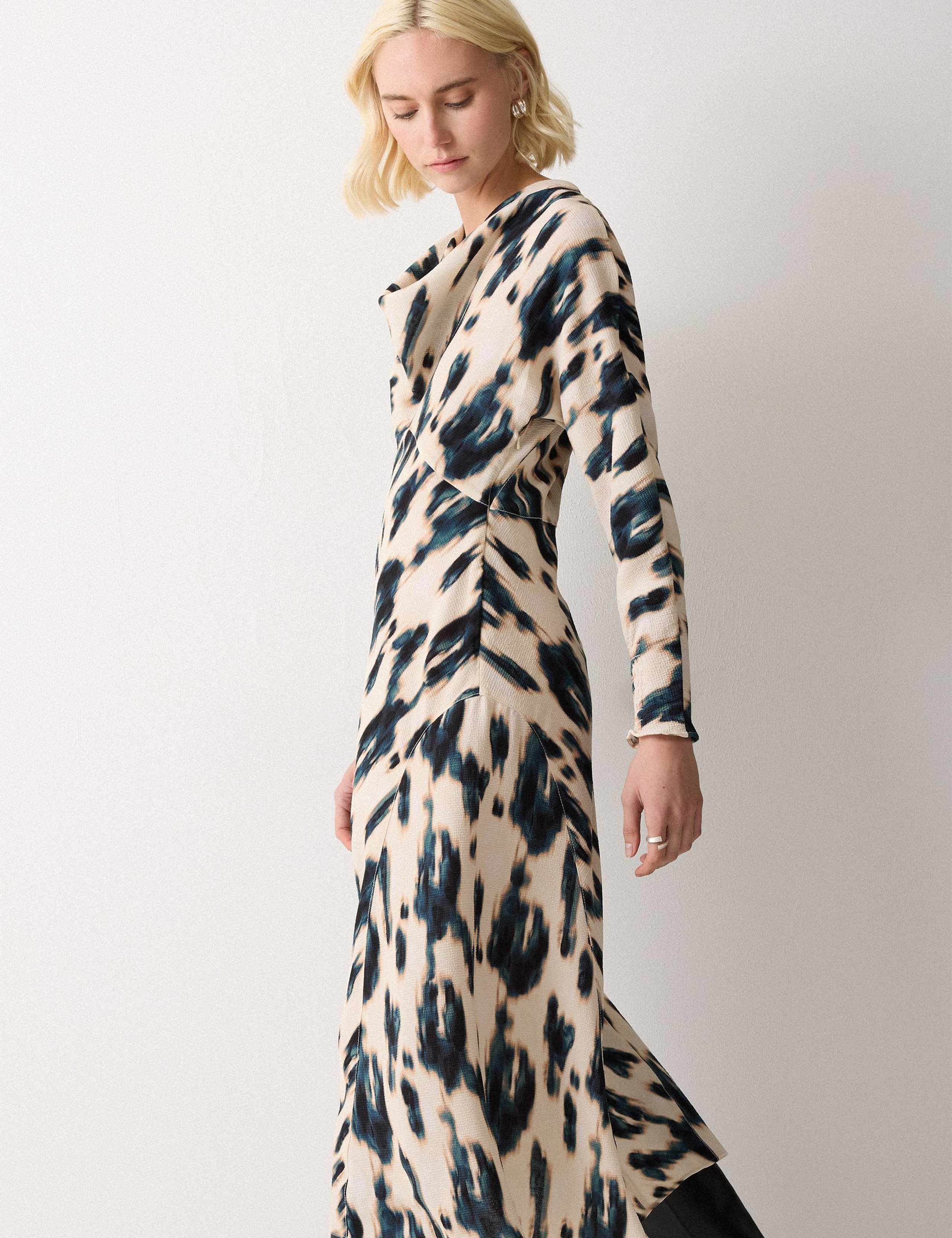 Printed Cowl Neck Midi Waisted Dress 4 of 7