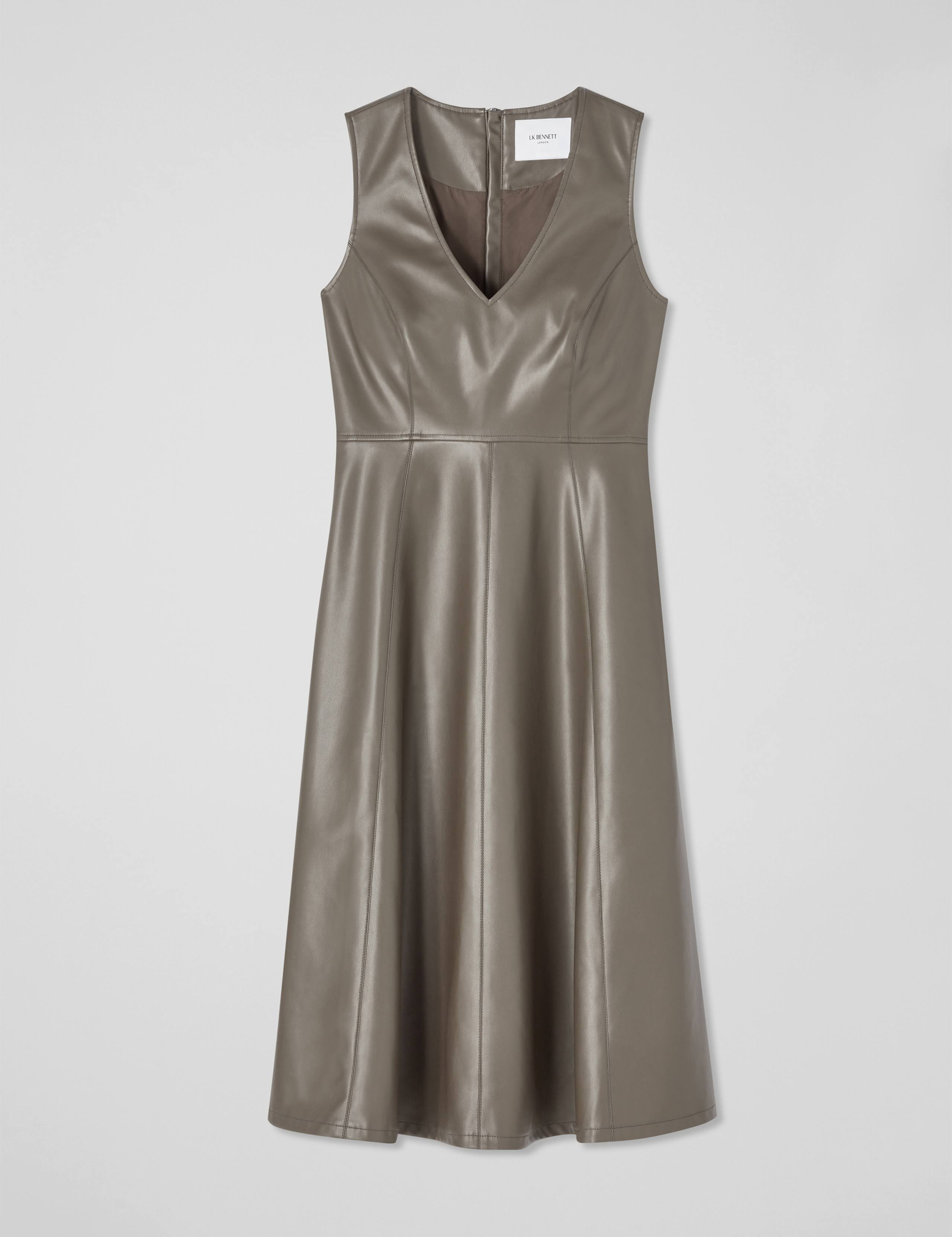 Faux Leather V-Neck Midi Skater Dress 2 of 4