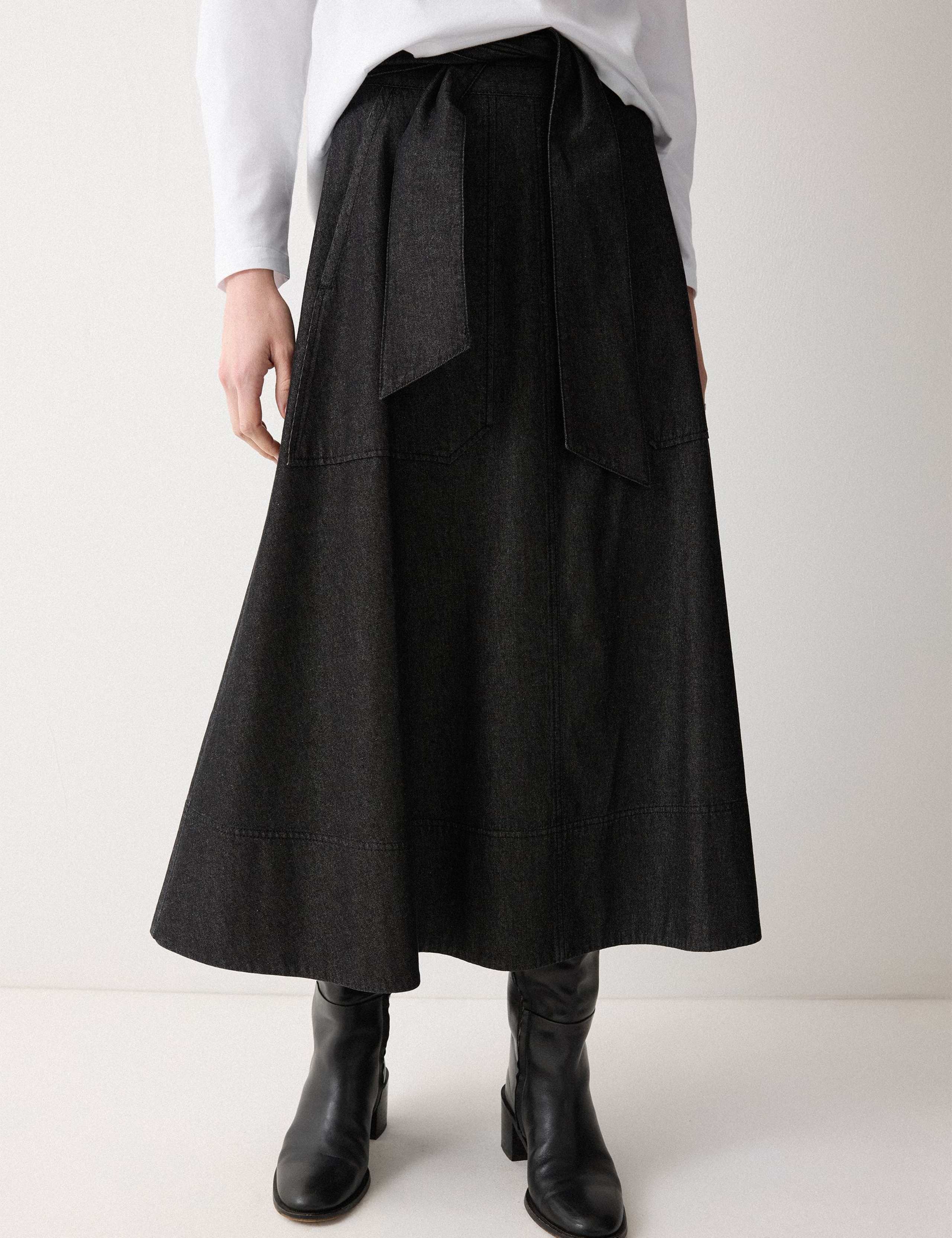 Denim Tie Belt Midi A-Line Skirt 2 of 5