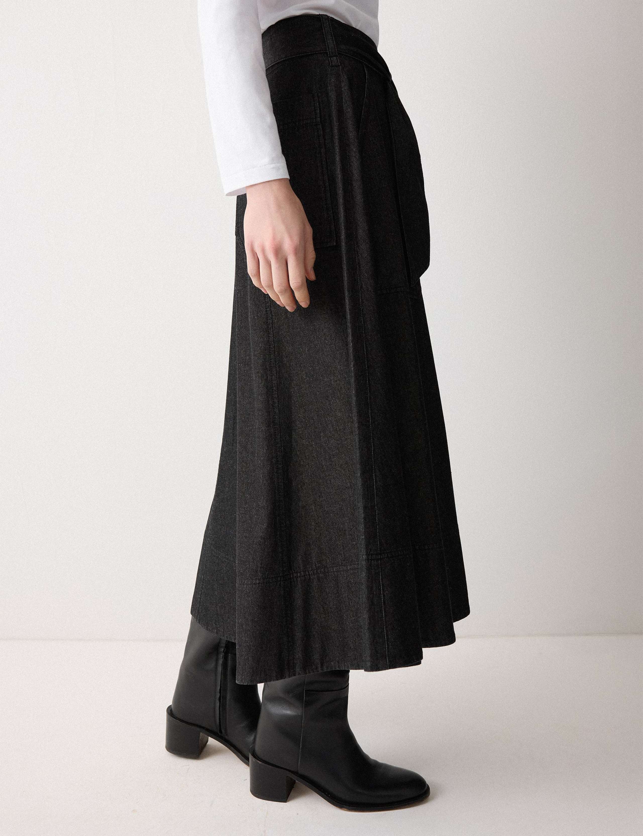 Denim Tie Belt Midi A-Line Skirt 3 of 5