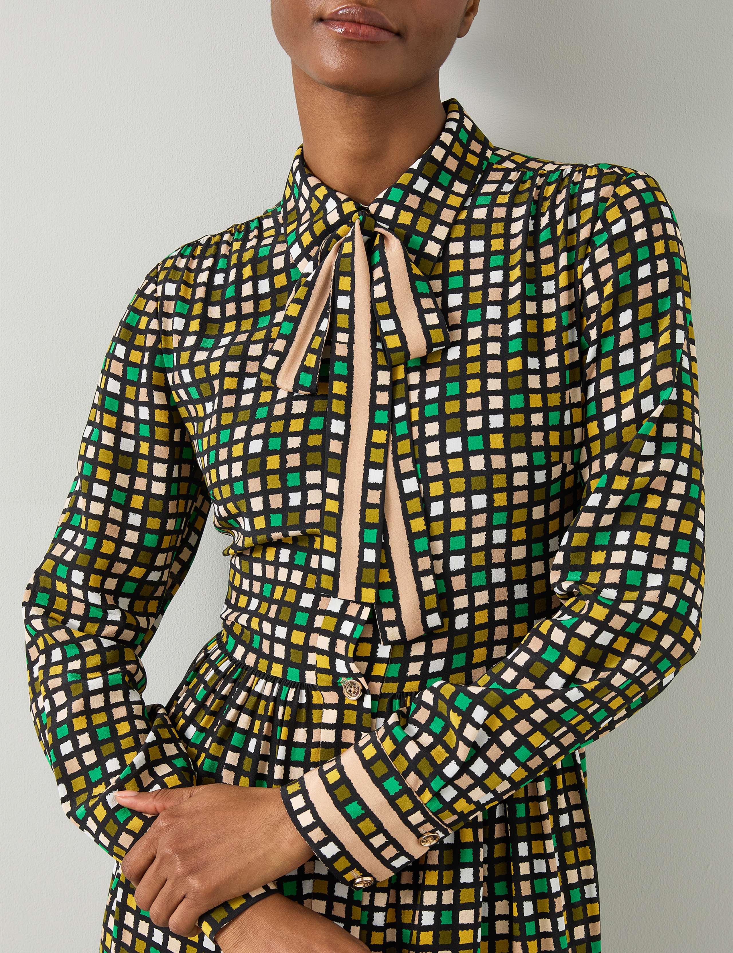 Pure Silk Geometric Tie Neck Shirt Dress 4 of 4