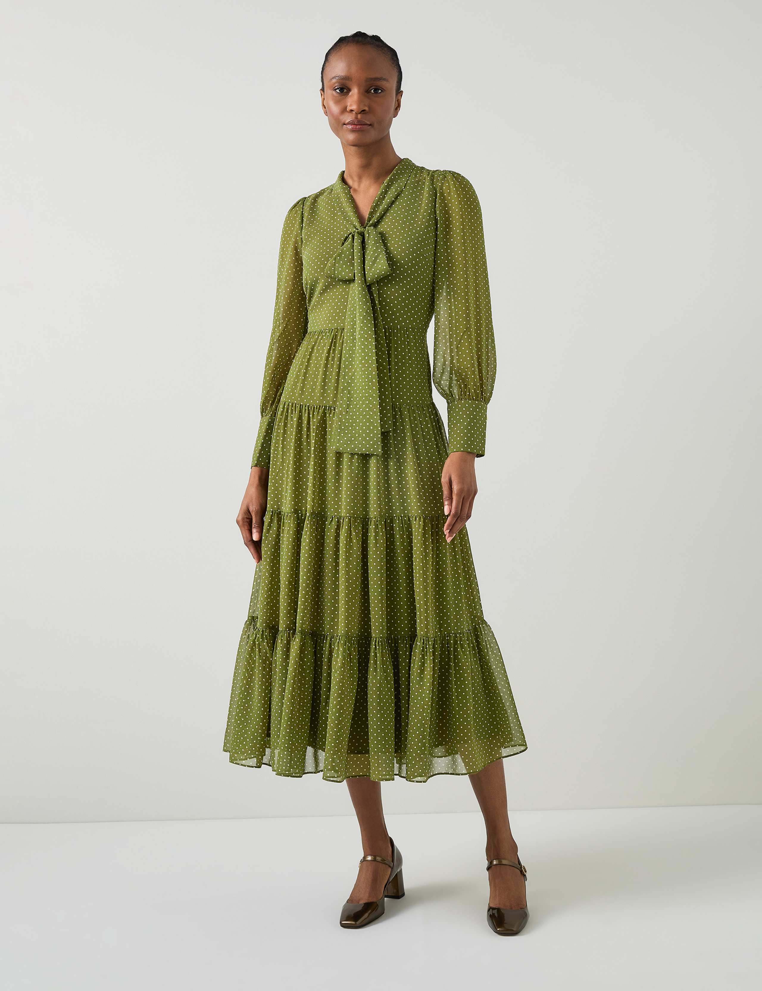 Polka Dot Tie Neck Midi Tiered Dress 1 of 4