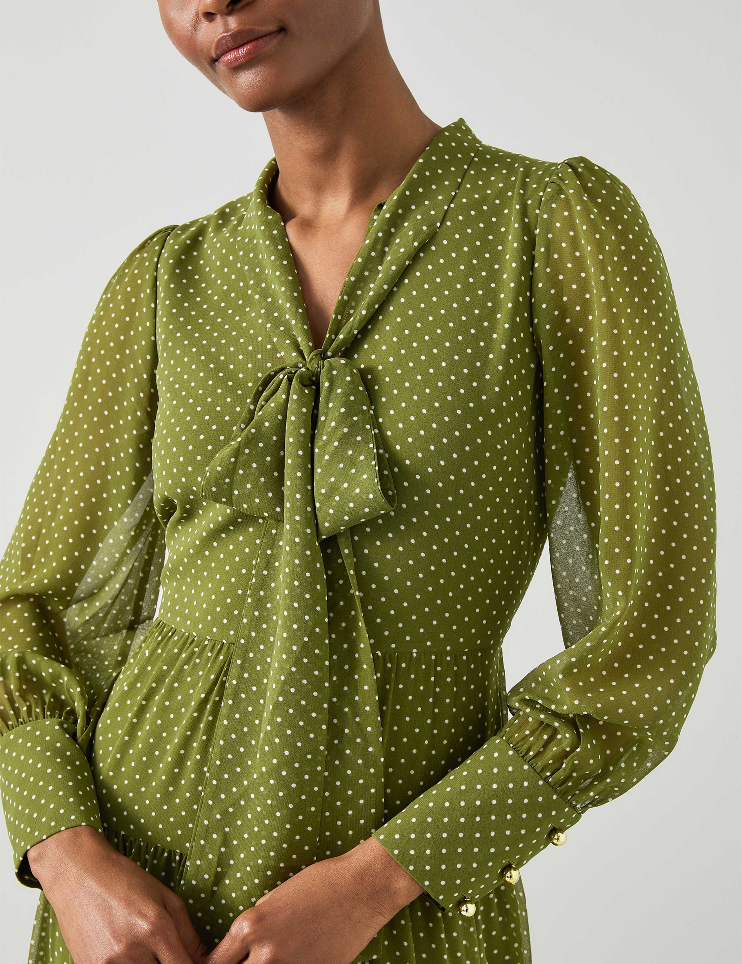 Polka Dot Tie Neck Midi Tiered Dress 4 of 4