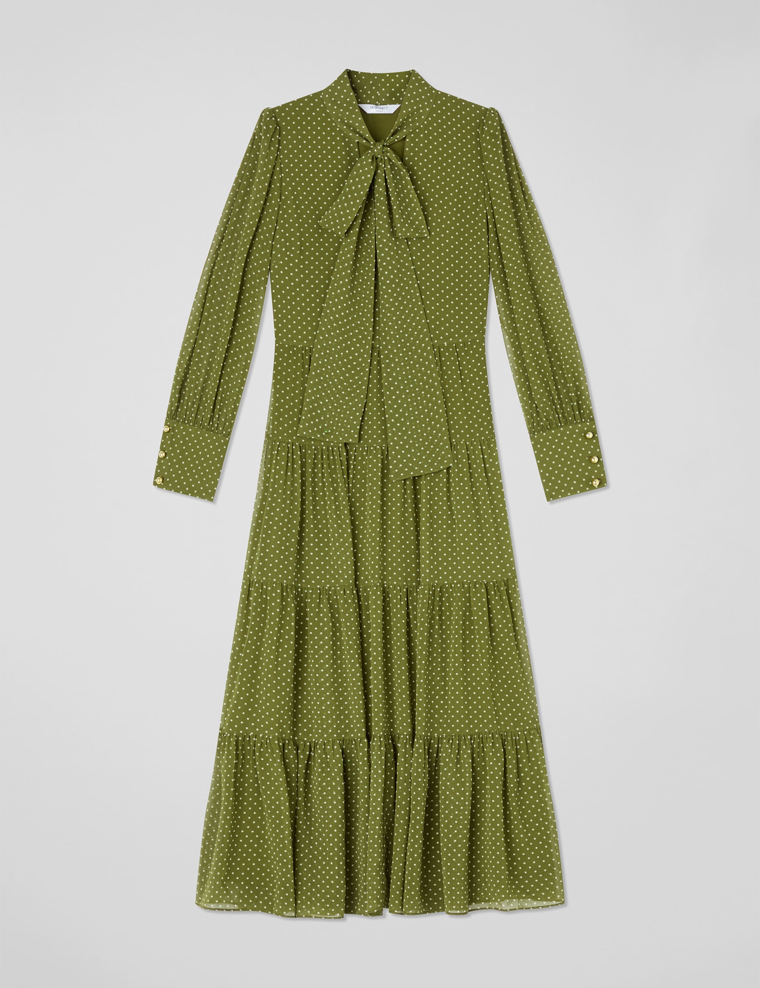 Polka Dot Tie Neck Midi Tiered Dress 2 of 4