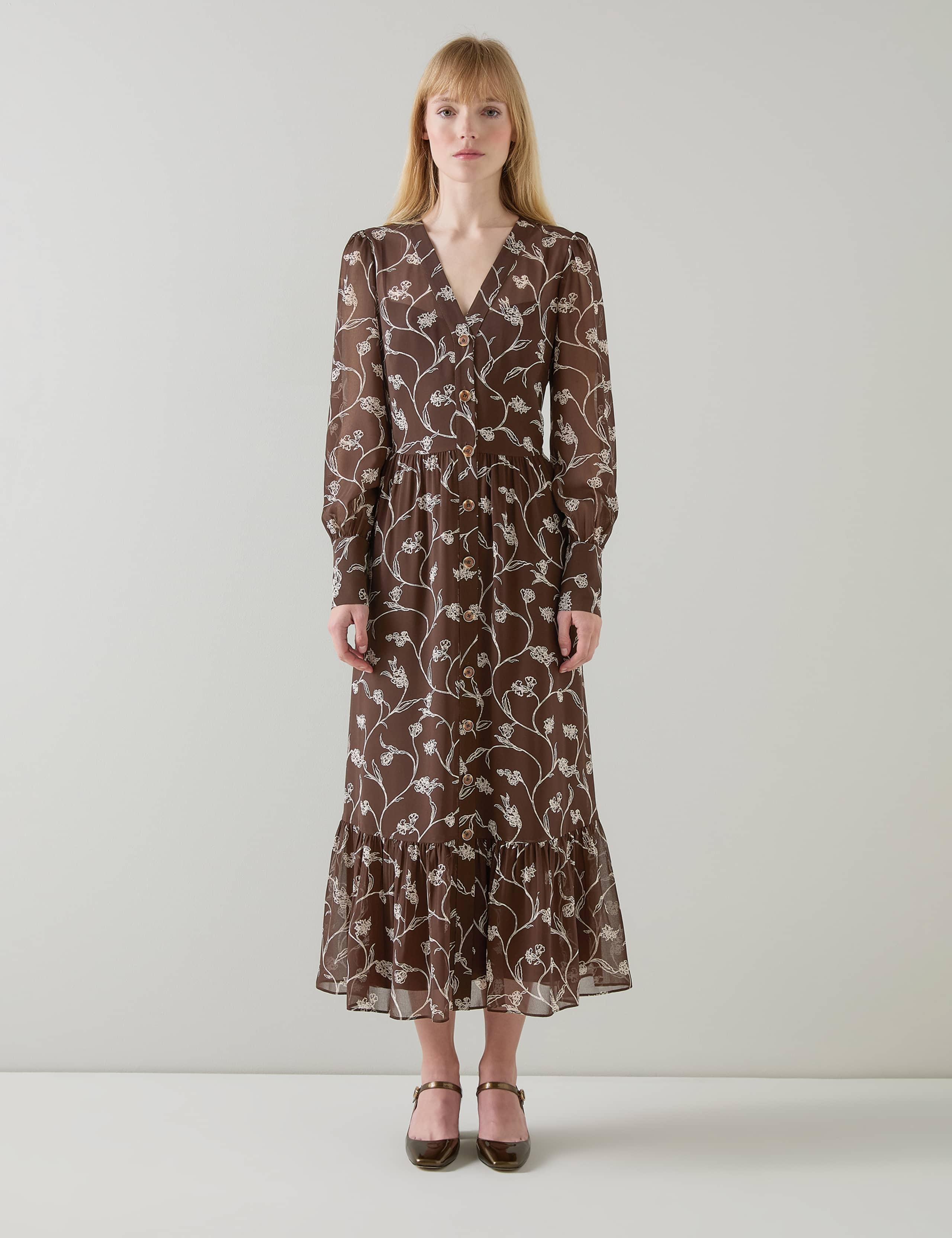 Floral V-Neck Button Front Midi Dress 1 of 4